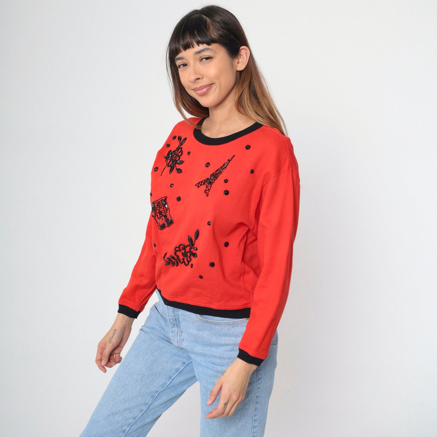 90s Carol Little Beaded Eiffel Tower Sweatshirt Red Ringer Medium