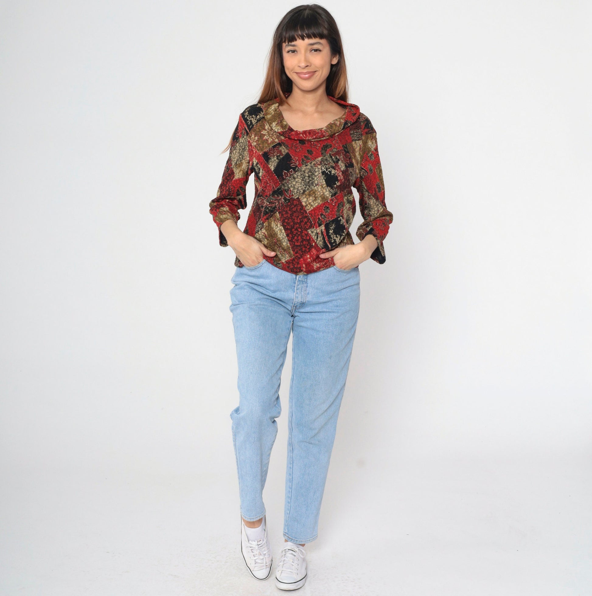 Y2K Carducci Patchwork Floral Cowl Neck Blouse Metallic Long Sleeve Extra Large XXL