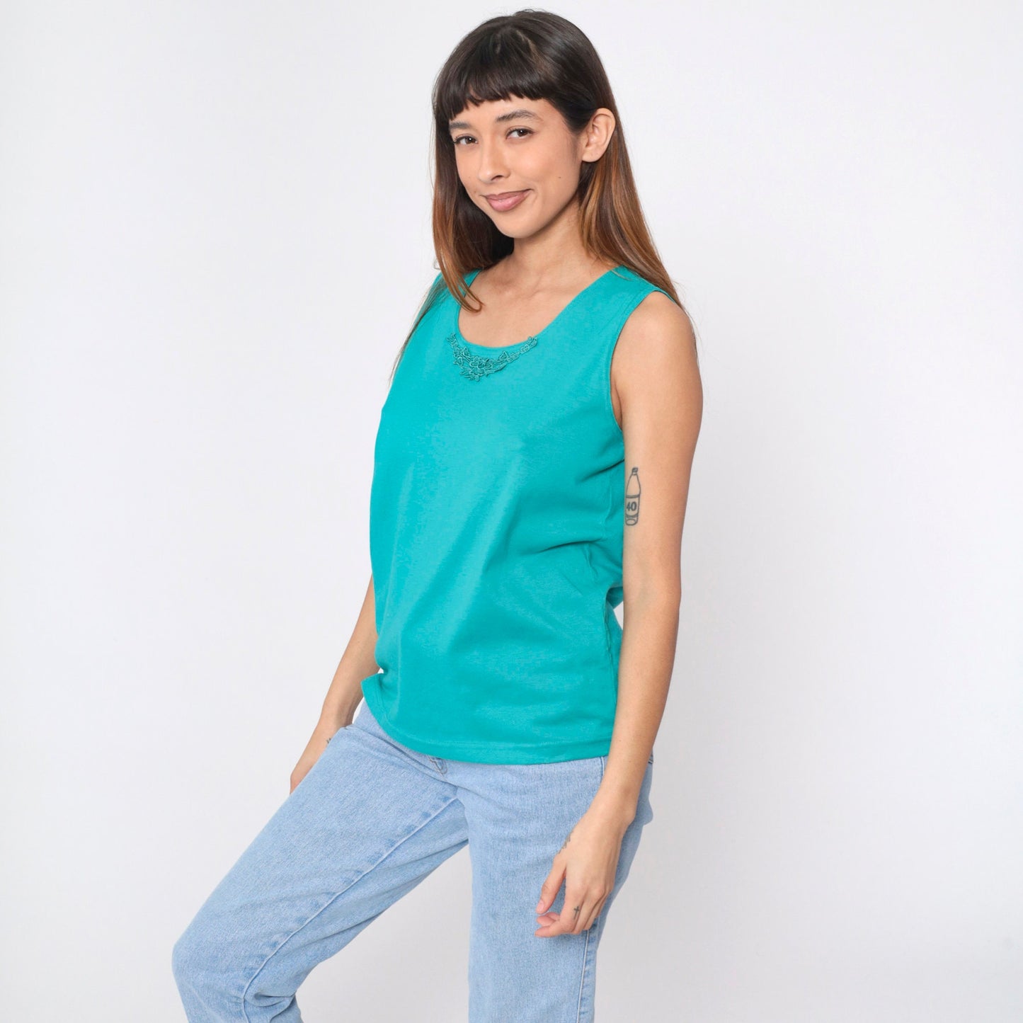 90s Teal Tank Top Floral Lace Trim Sleeveless Blouse Medium
