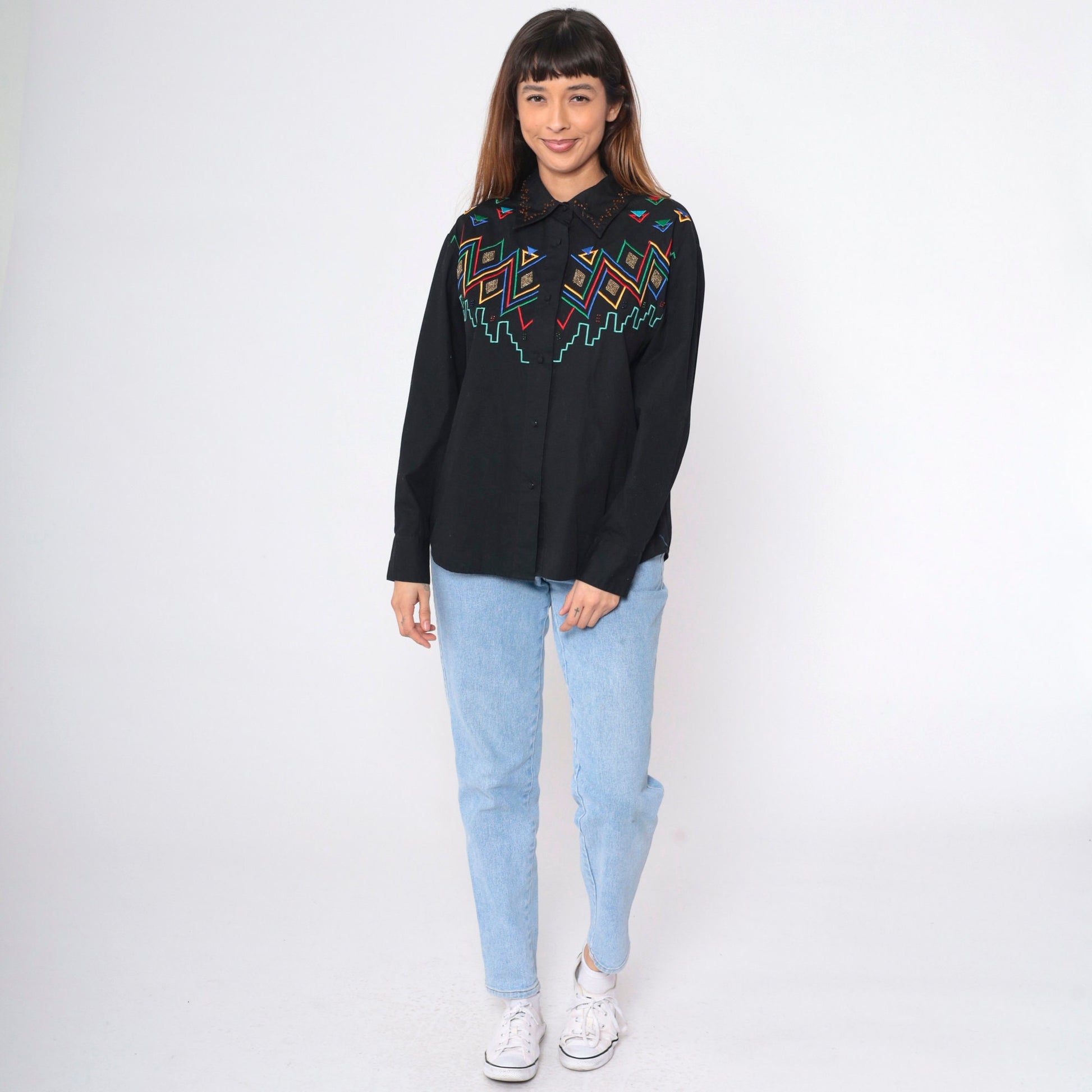 90s Southwest Embroidered Beaded Black Cotton Button Up Blouse Large L