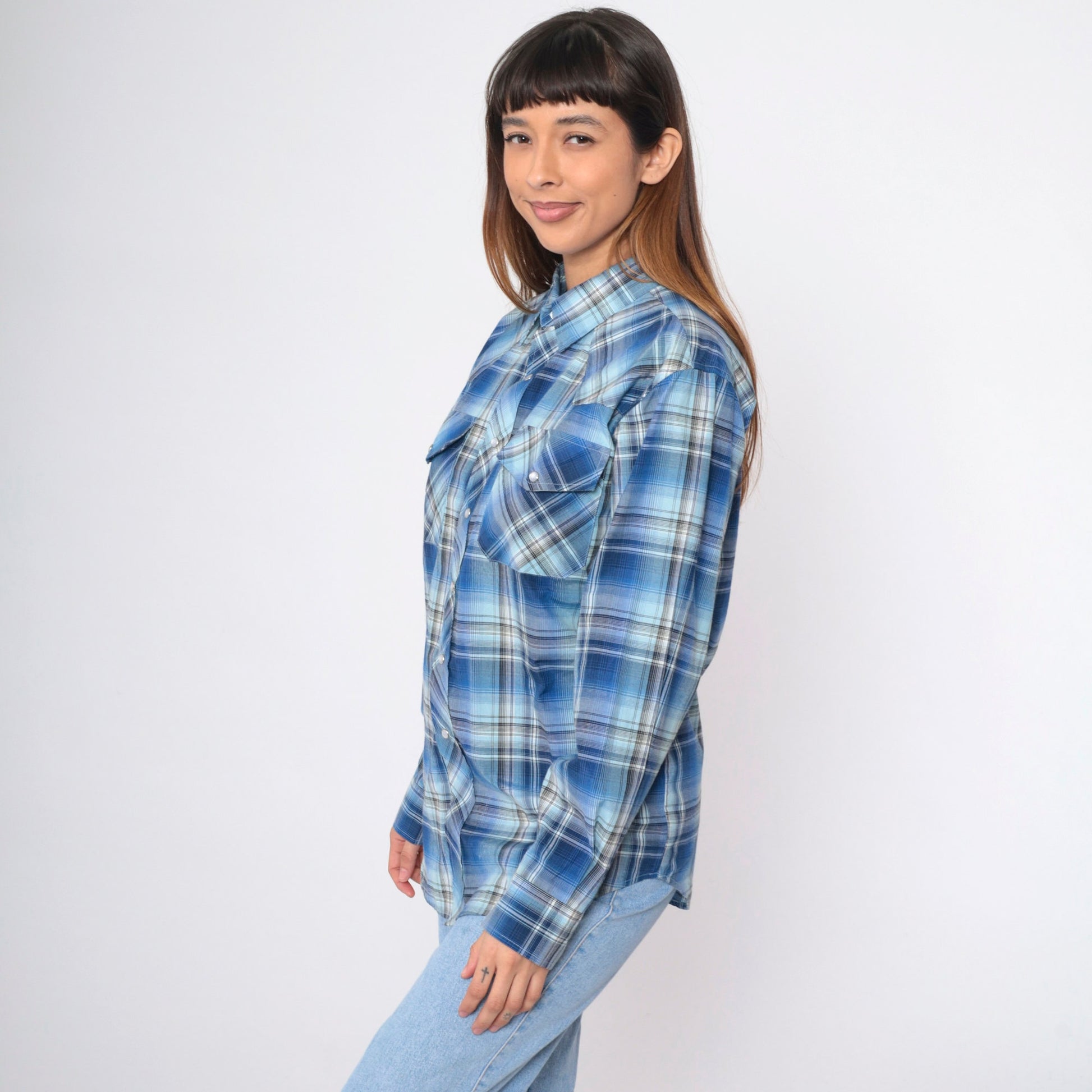 80s Haband Western Shirt Blue Plaid Pearl Snap Cowboy Small