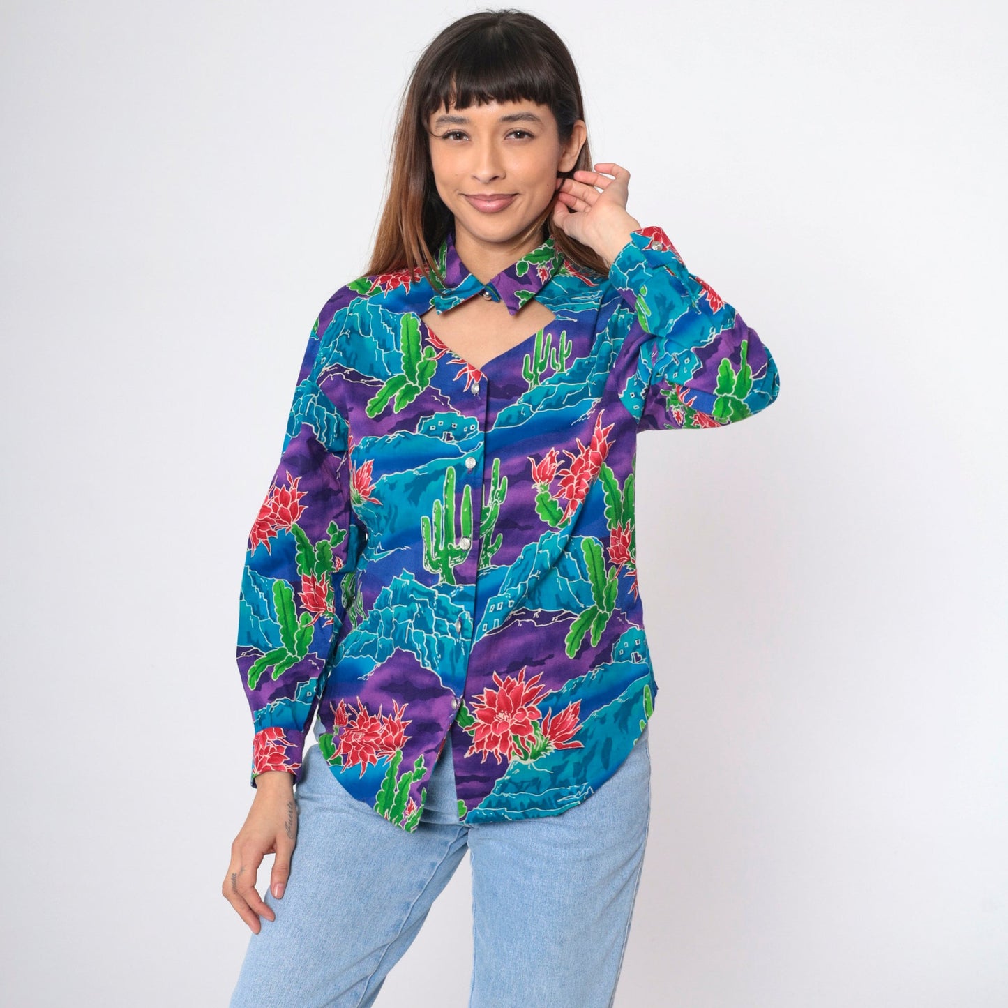 90s Southwestern Cactus Keyhole Blouse Button Up Long Sleeve Blue Purple Medium