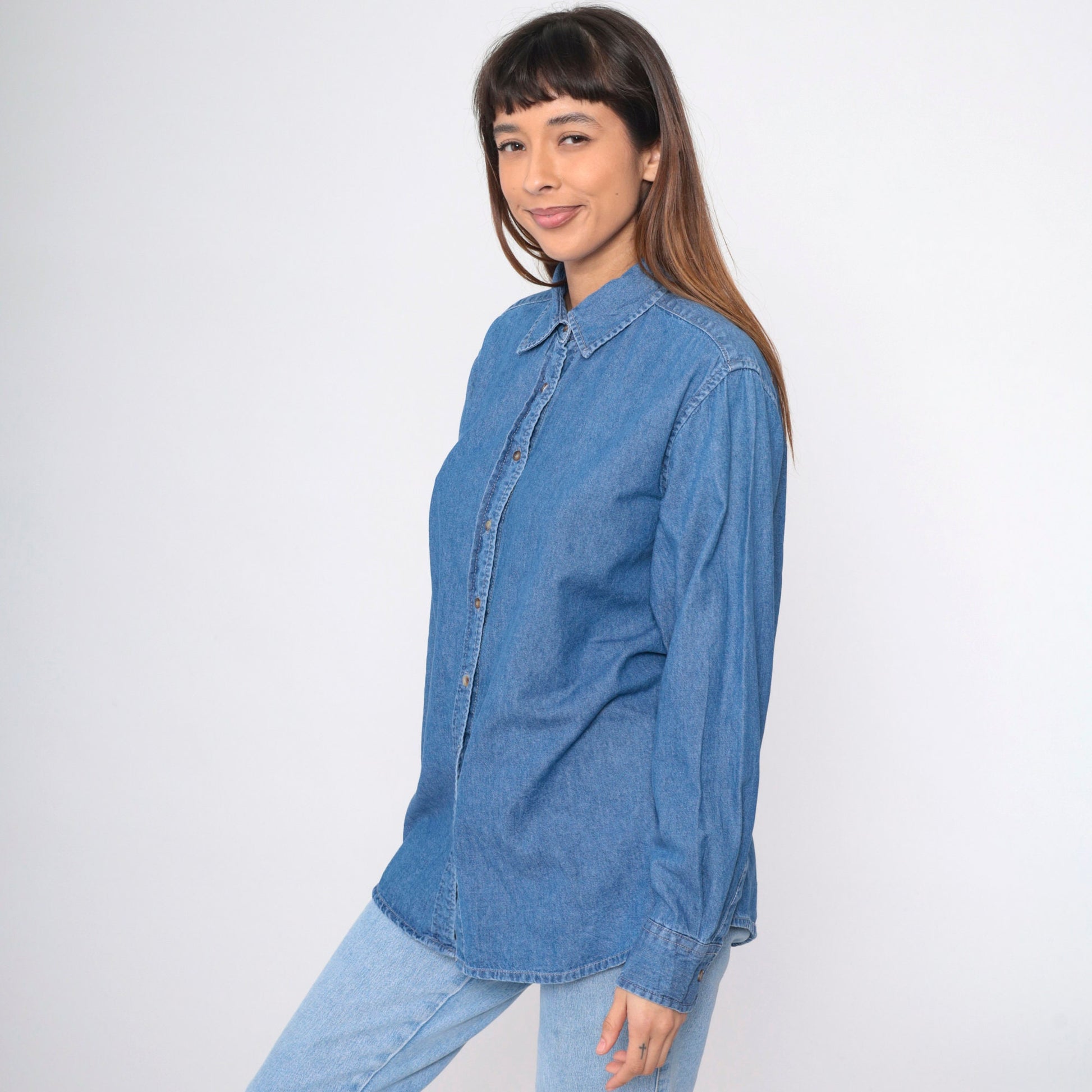 90s Vos Sports Blue Denim Button-Up Shirt Cotton Long Sleeve Extra Large XXL