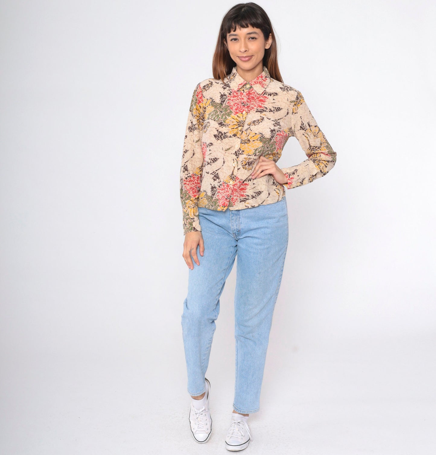 90s Abstract Floral Button-Up Blouse Beige Red Yellow Long Sleeve Medium