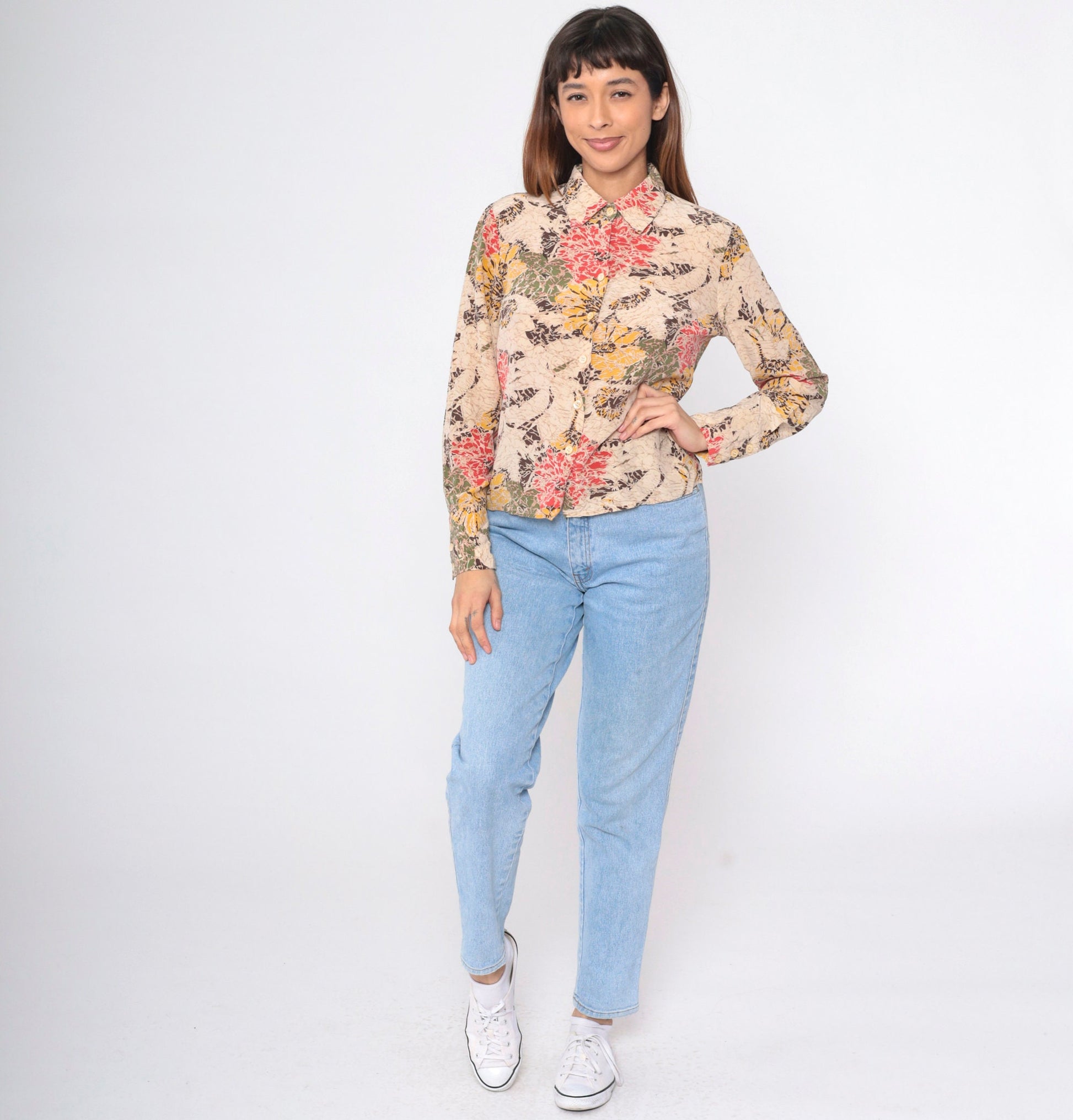 90s Abstract Floral Button-Up Blouse Beige Red Yellow Long Sleeve Medium