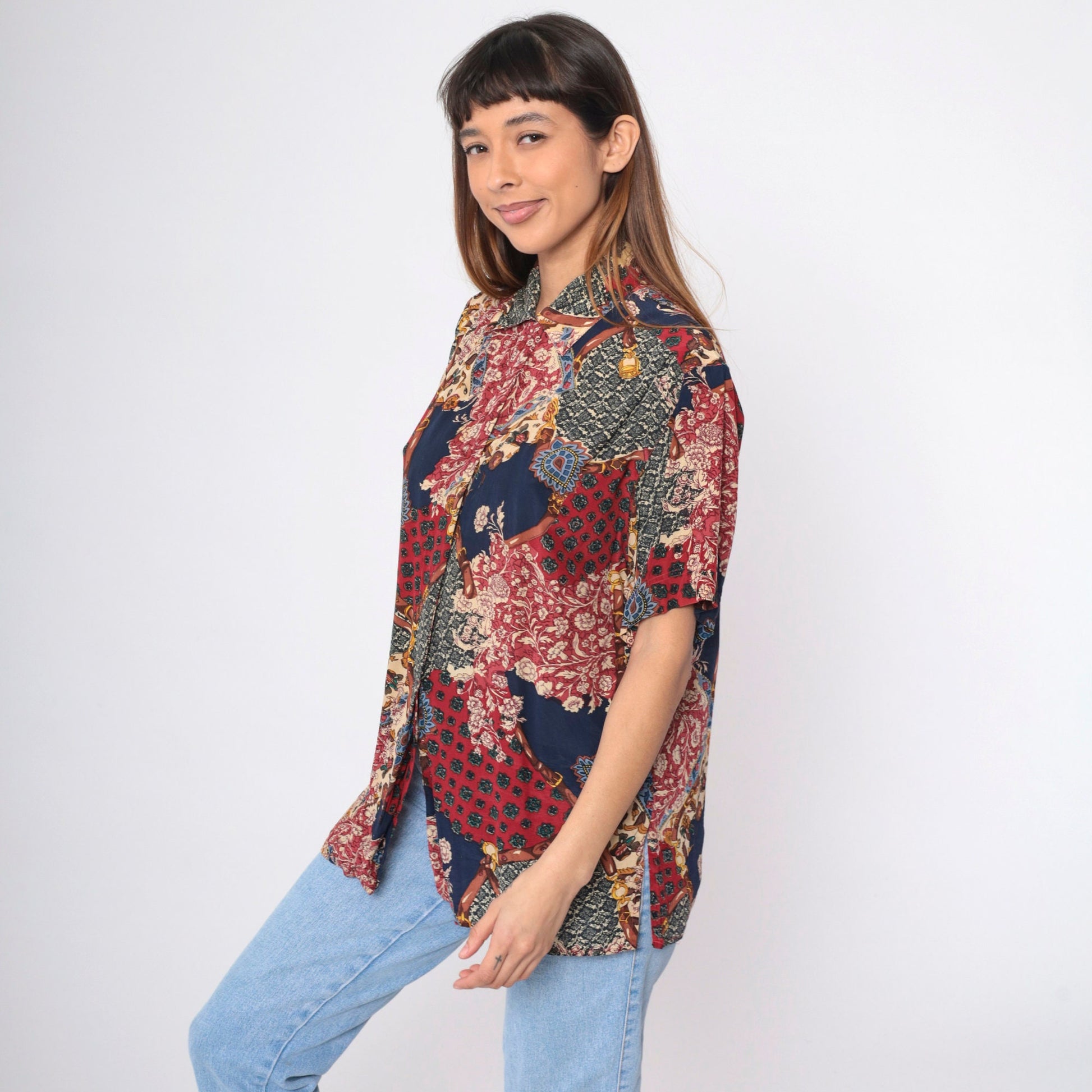90s Amanda Italy Silk Blouse Patchwork Floral Equestrian Print Navy Medium