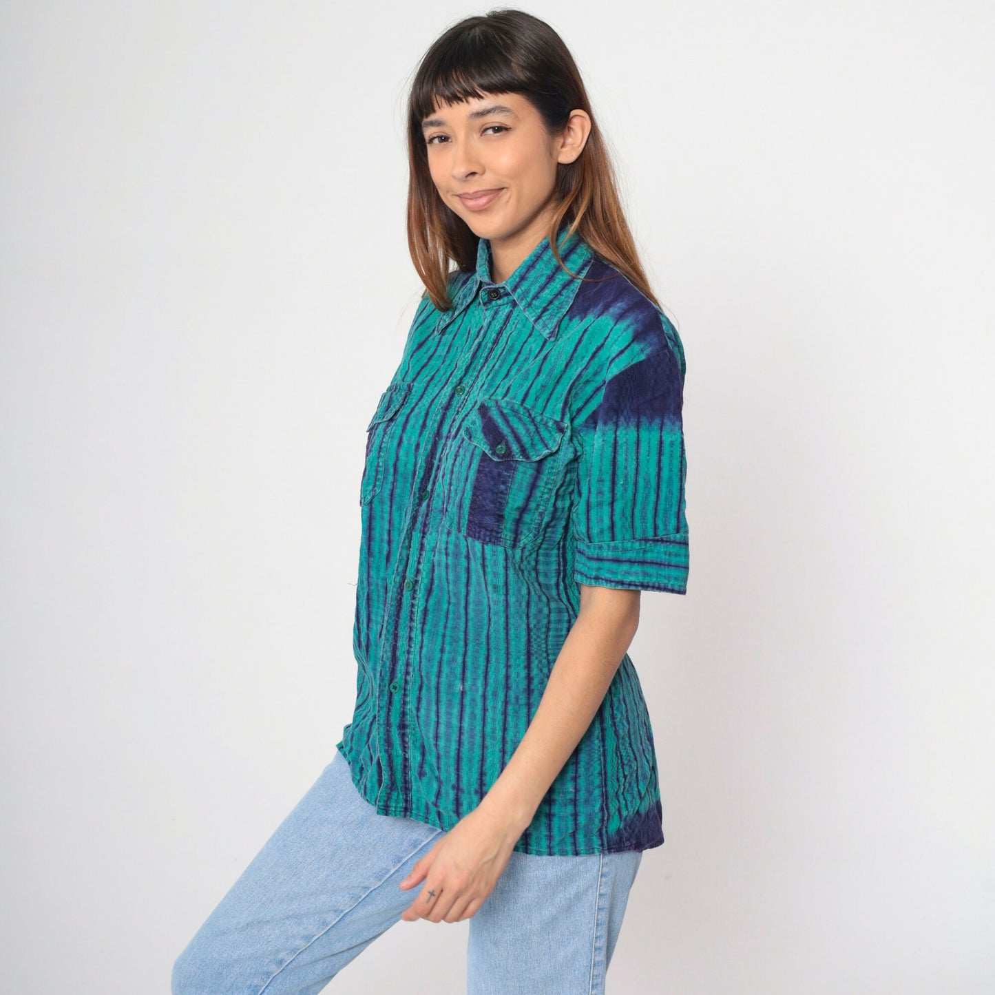 90s Ikat Striped Button-Up Shirt Green Indigo Oxford Short Sleeve Small