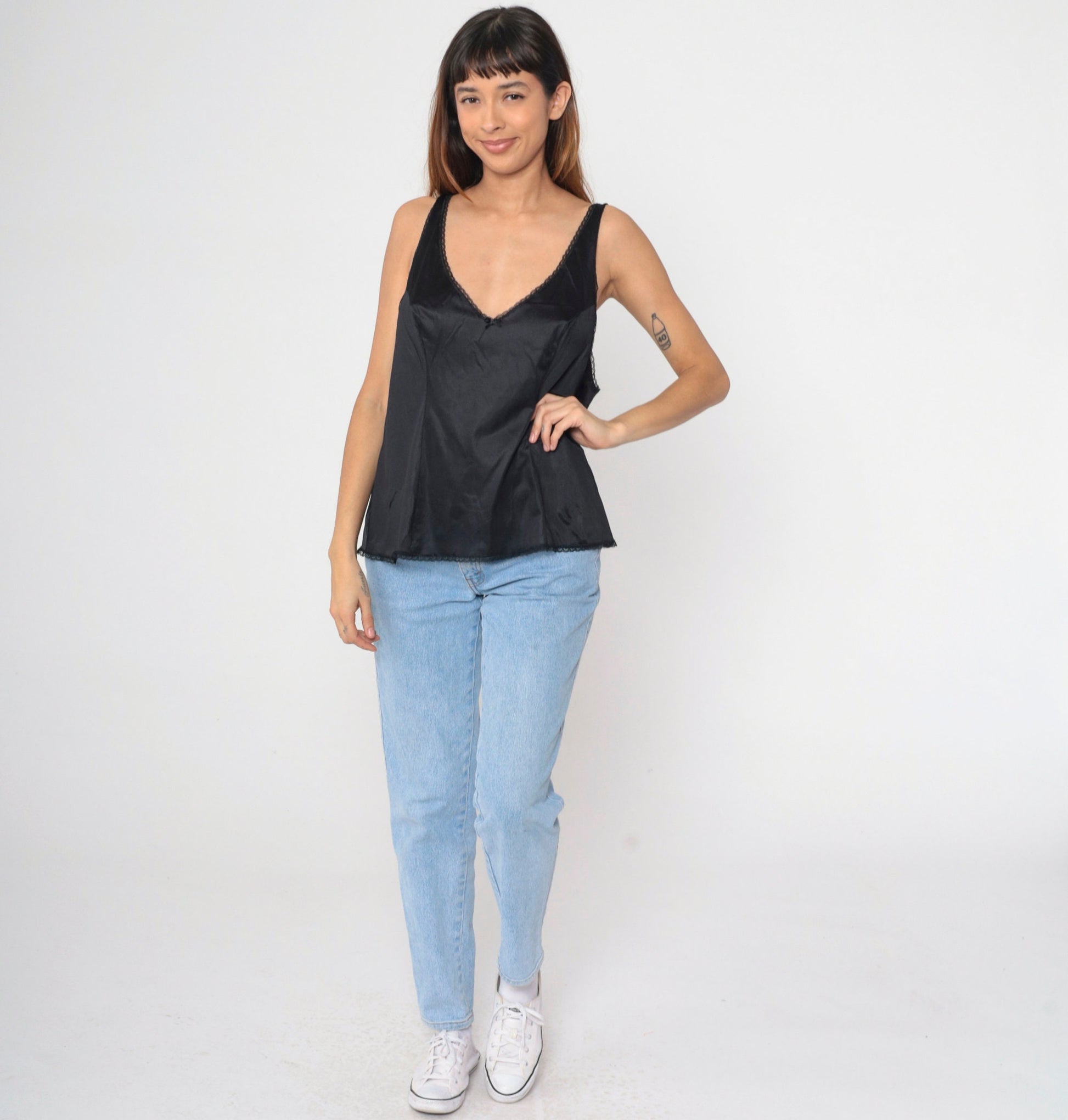 80s Vanity Fair Black Nylon Camisole Lace Trim V-Neck Bow Large