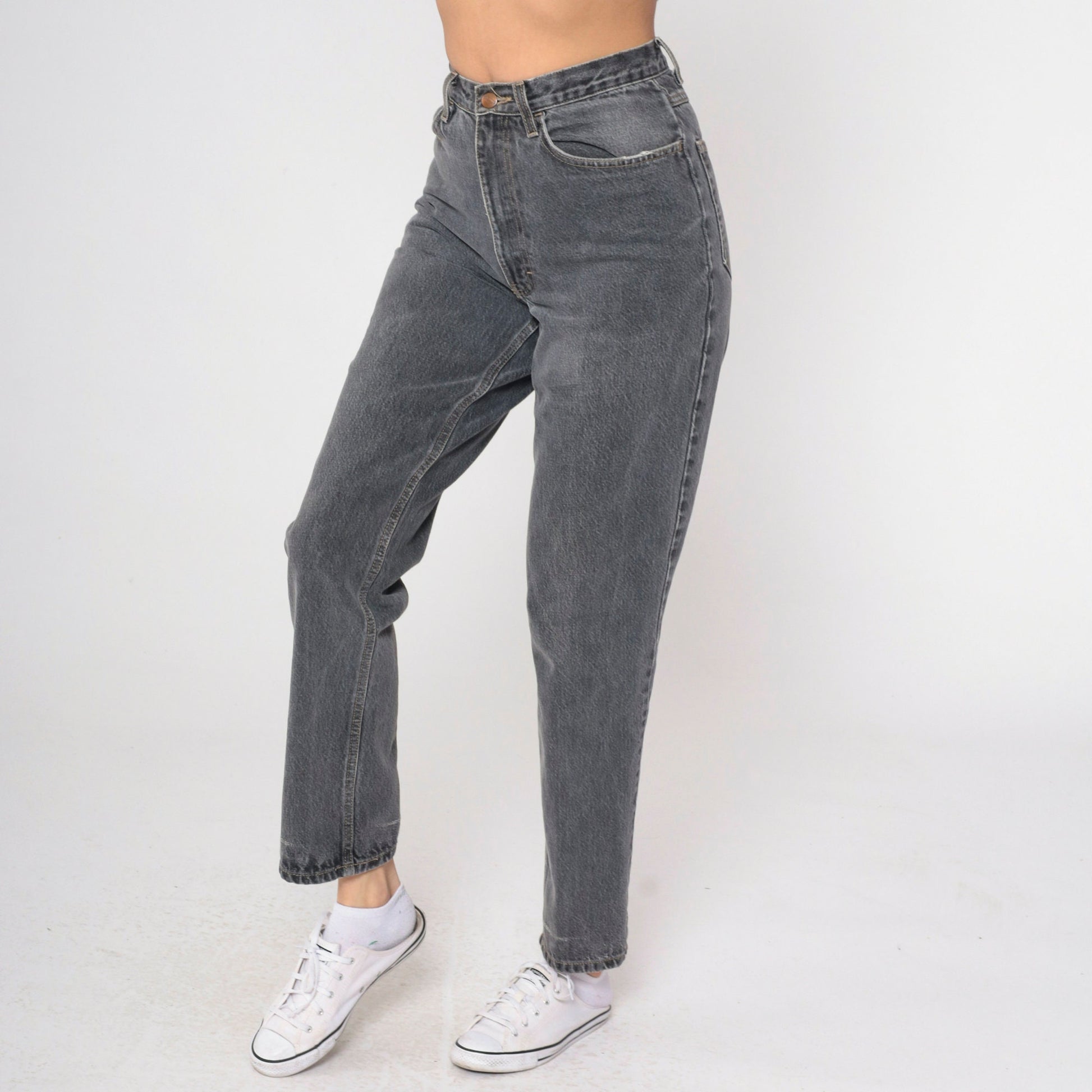 90s Basic Editions Grey Mom Jeans High Waist Tapered Denim Small 28