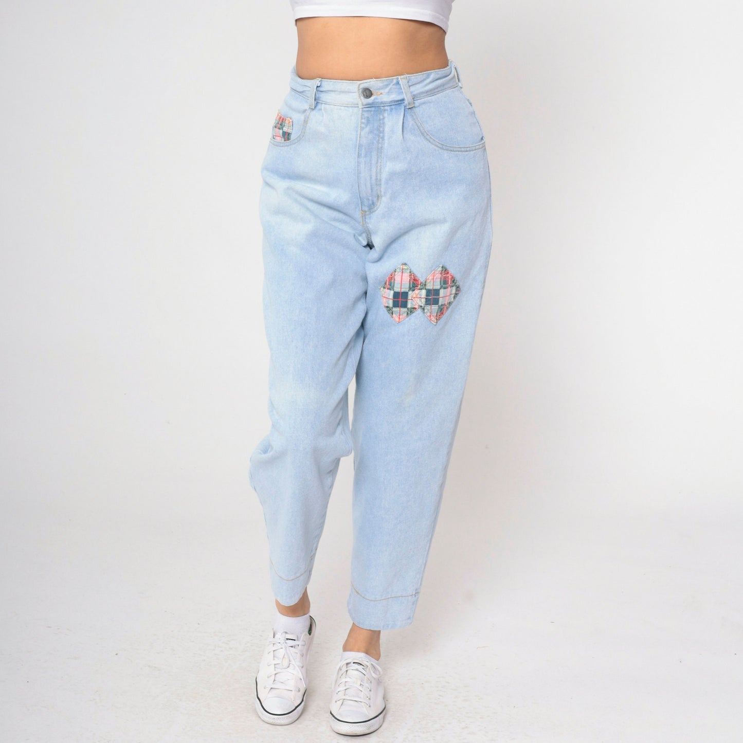 90s Breaker Jeans Light Blue Patchwork Plaid High Rise Mom Jeans Small 29