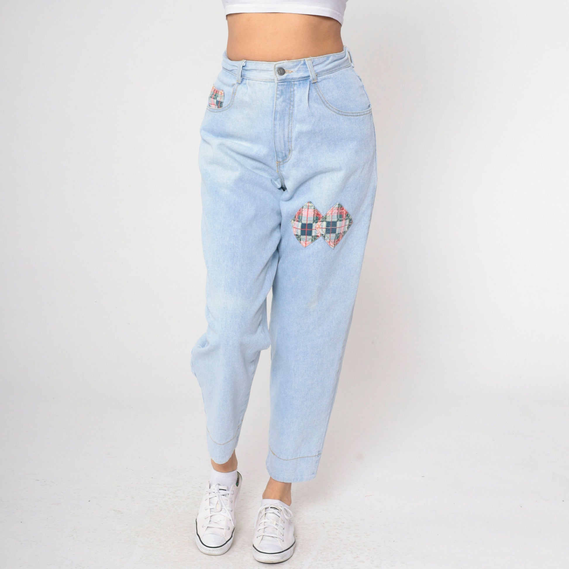 90s Breaker Jeans Light Blue Patchwork Plaid High Rise Mom Jeans Small 29