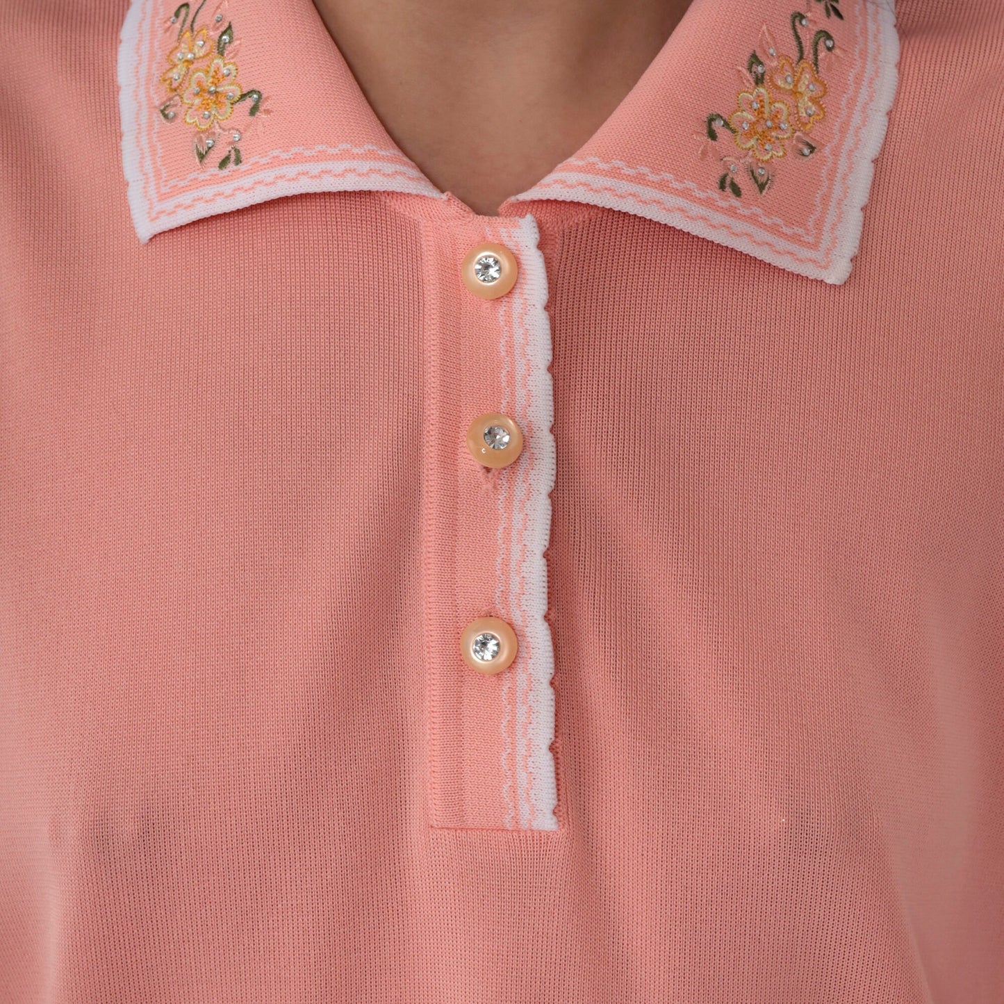 70s Pink Floral Embroidered Blouse Rhinestone Button-Up Collared Shirt Medium Large