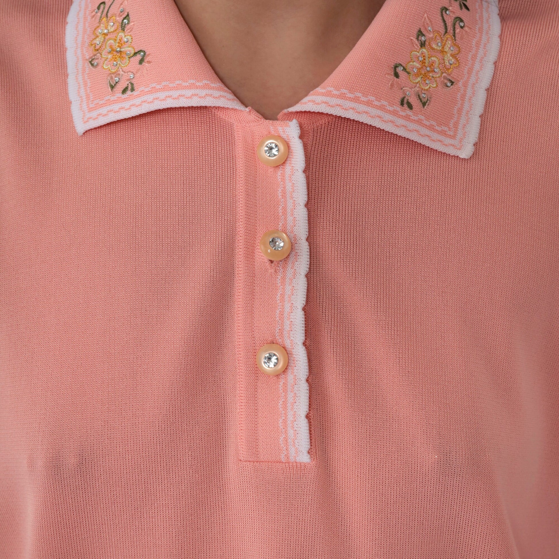 70s Pink Floral Embroidered Blouse Rhinestone Button-Up Collared Shirt Medium Large