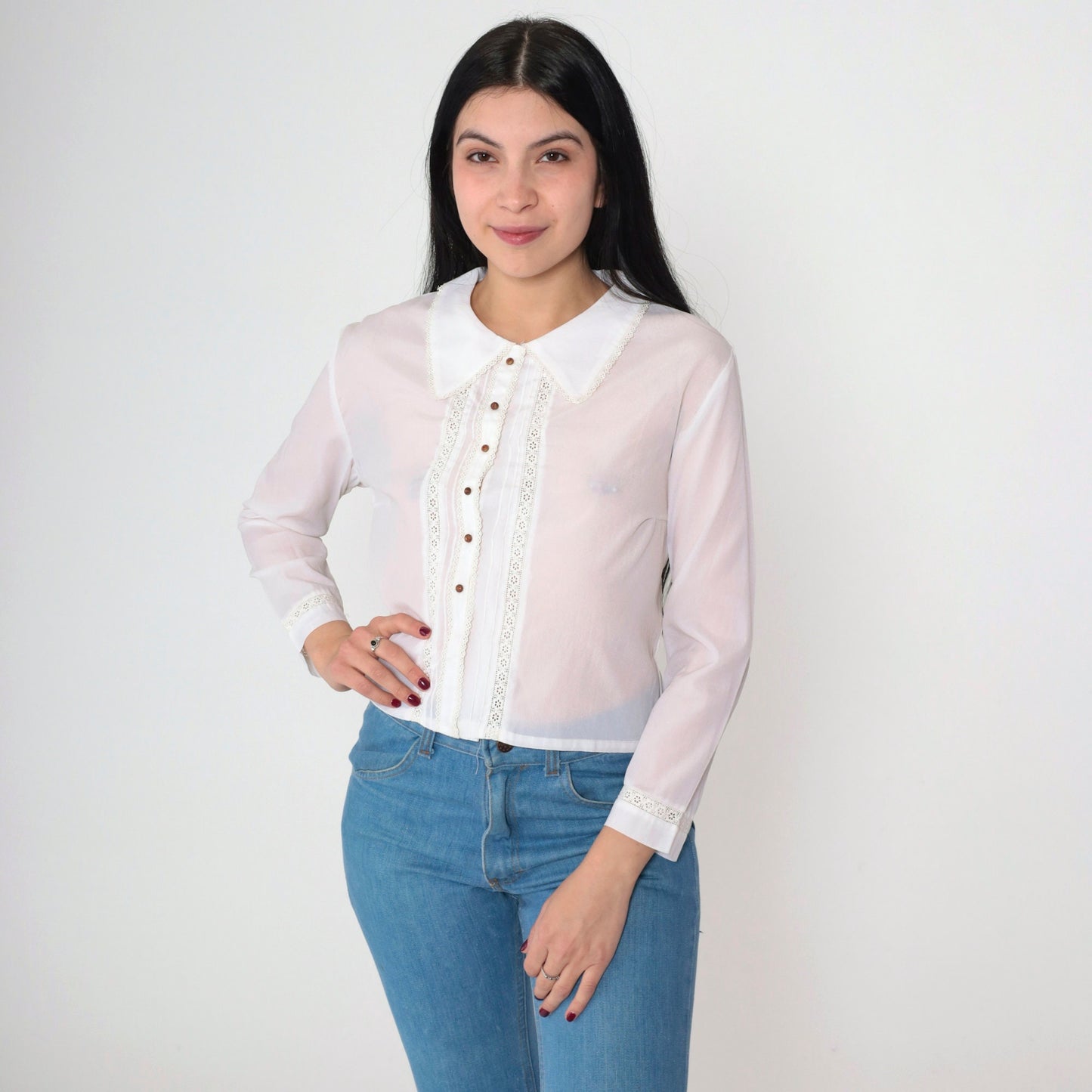 70s White Lace Cutout Blouse Floral Long Sleeve Button Up Medium M