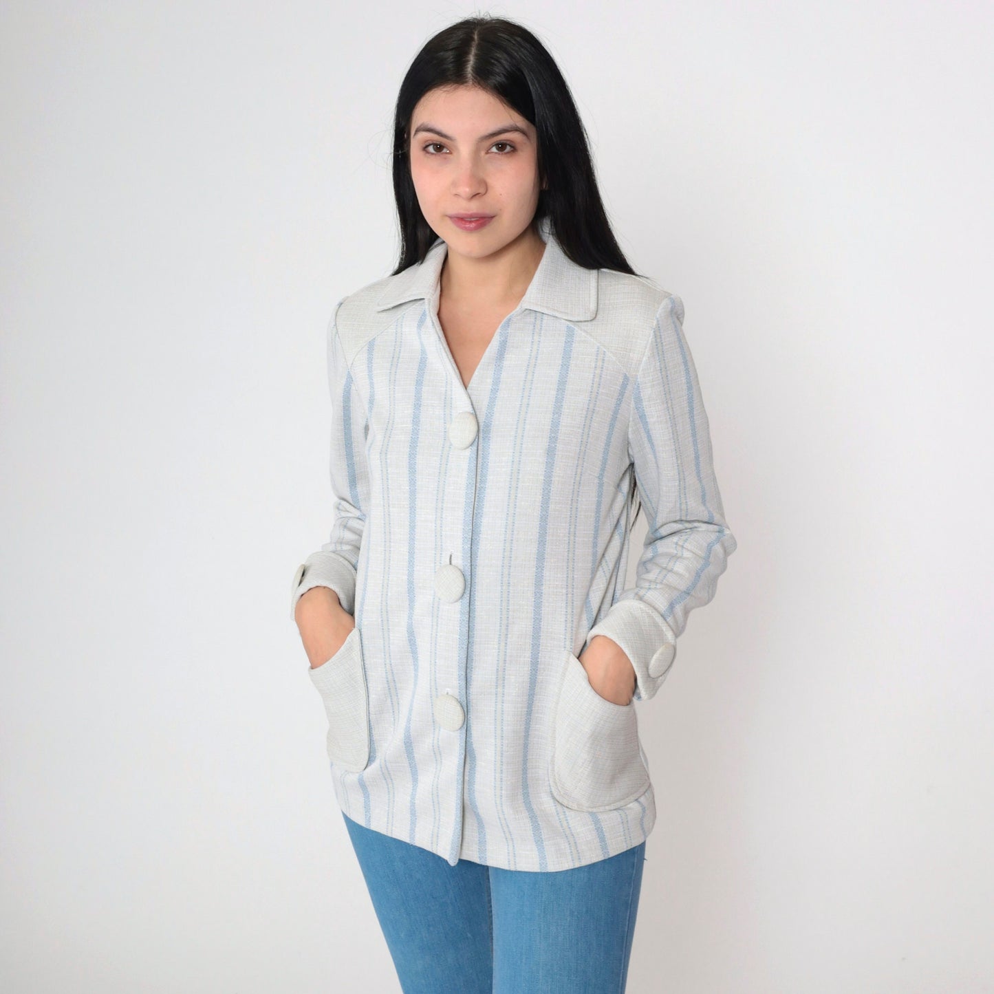 70s Striped Button-Up Blouse Grey Blue Vertical Stripes Collared V-Neck Medium