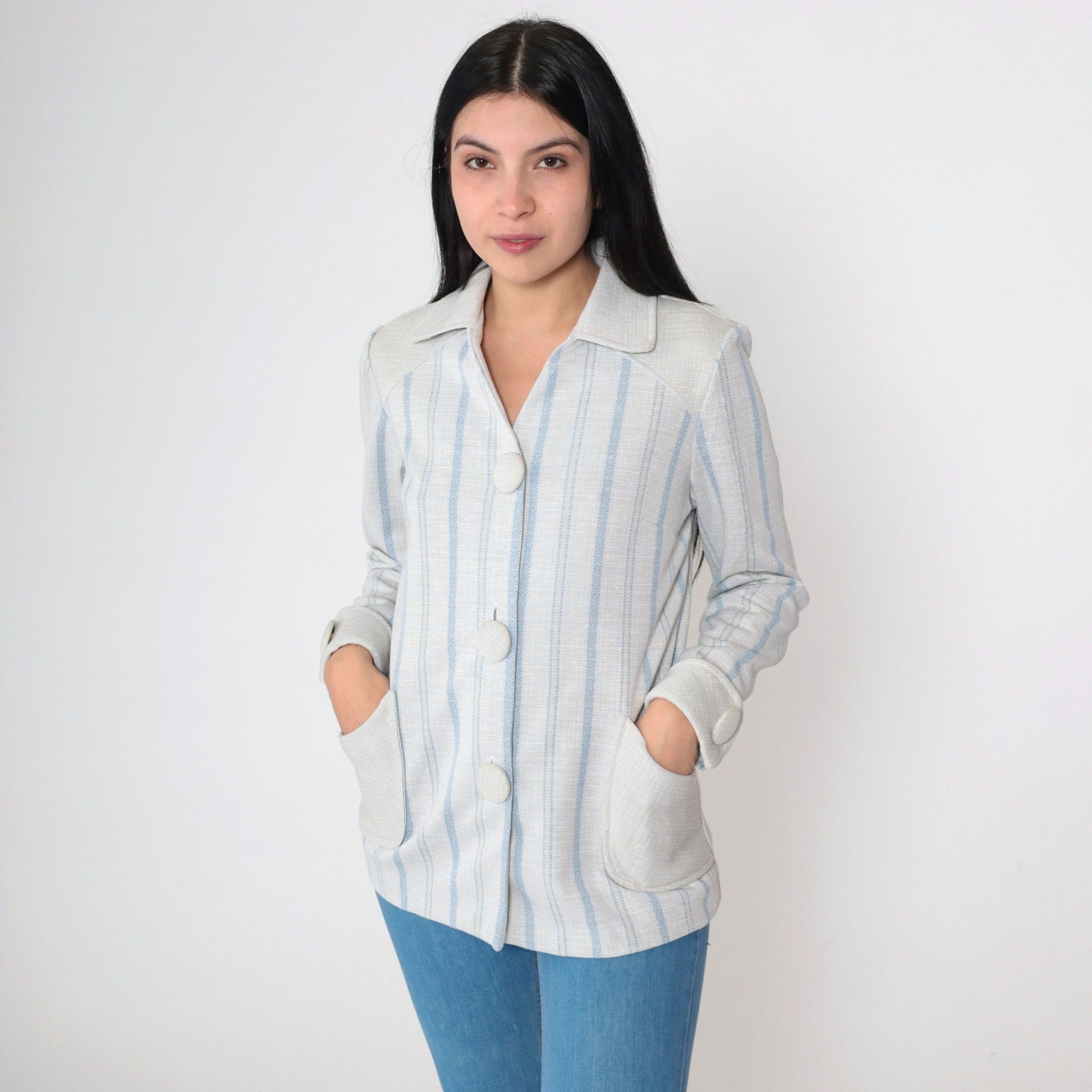 70s Striped Button-Up Blouse Grey Blue Vertical Stripes Collared V-Neck Medium