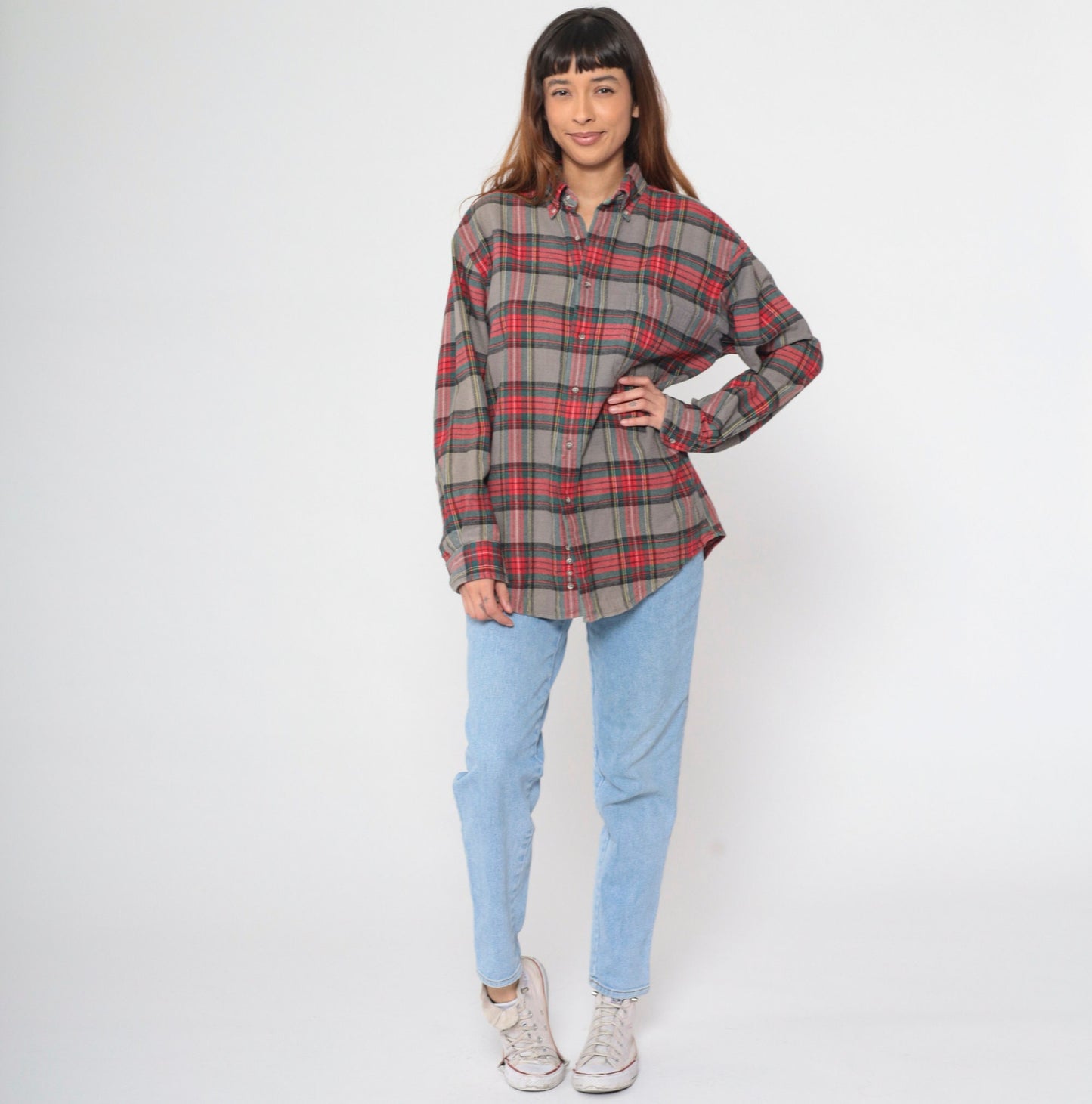90s Lands End Plaid Flannel Shirt Grey Red Green Button Up Medium