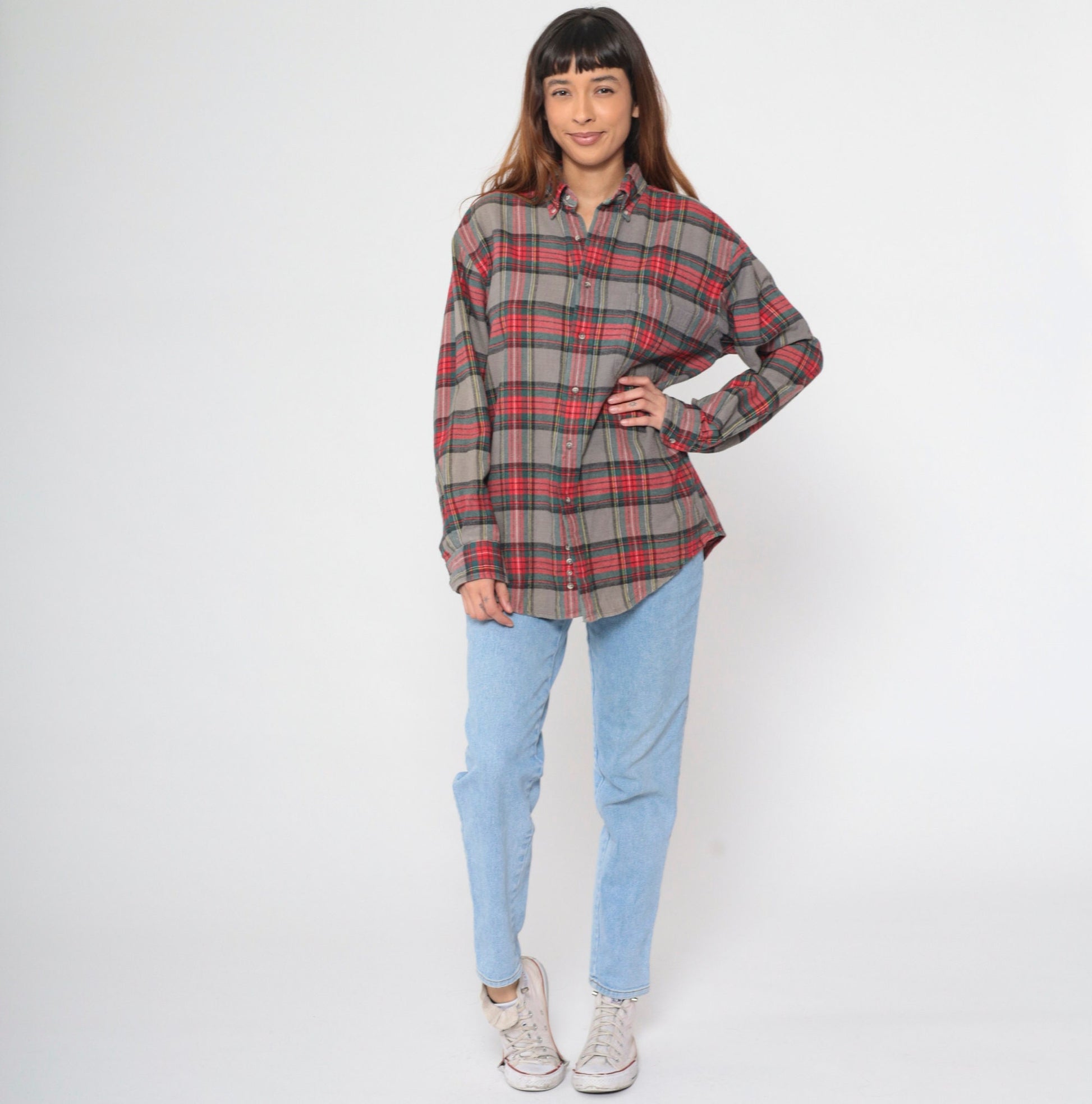 90s Lands End Plaid Flannel Shirt Grey Red Green Button Up Medium
