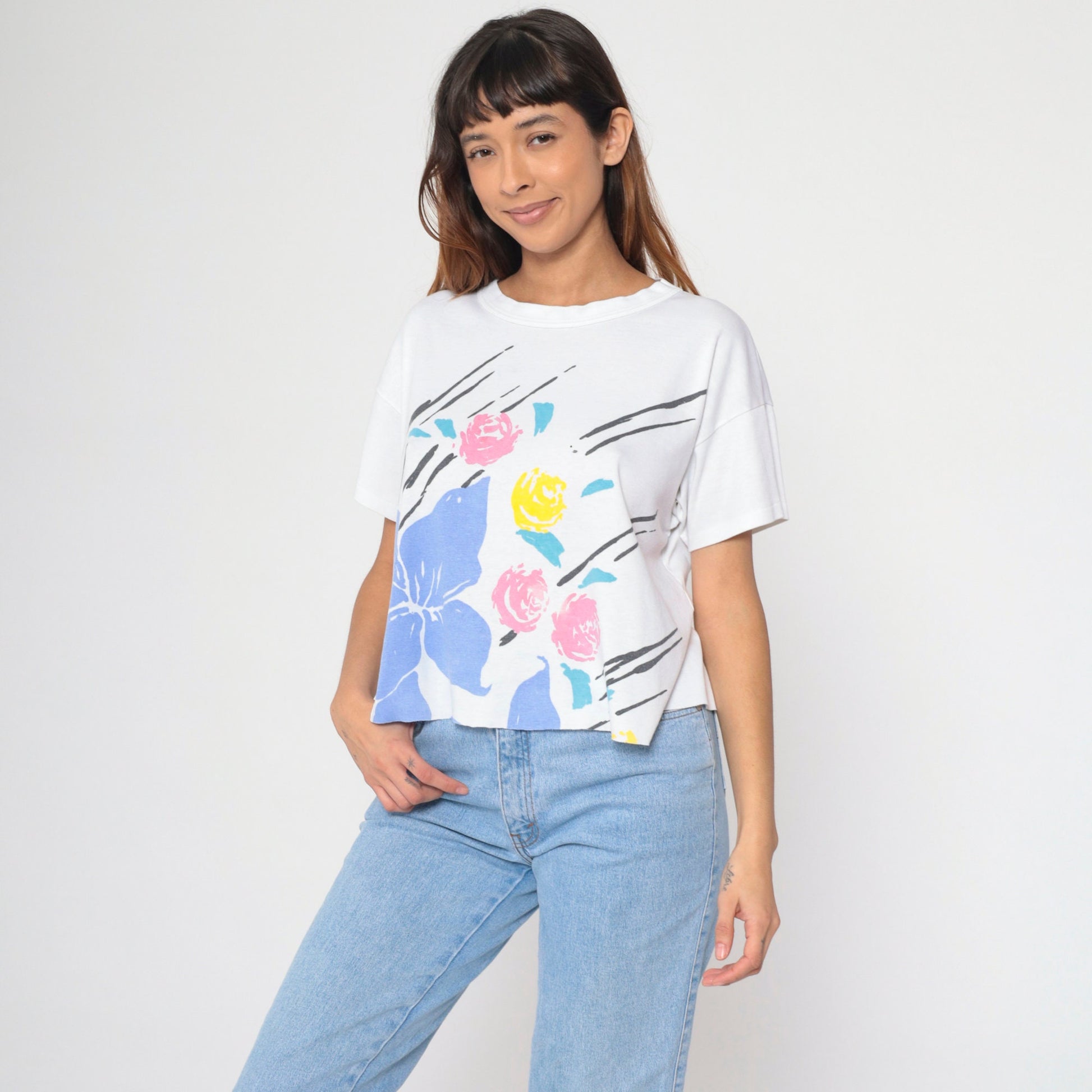 90s Floral Graphic T-Shirt White Rose Print Cutoff Tee Large L