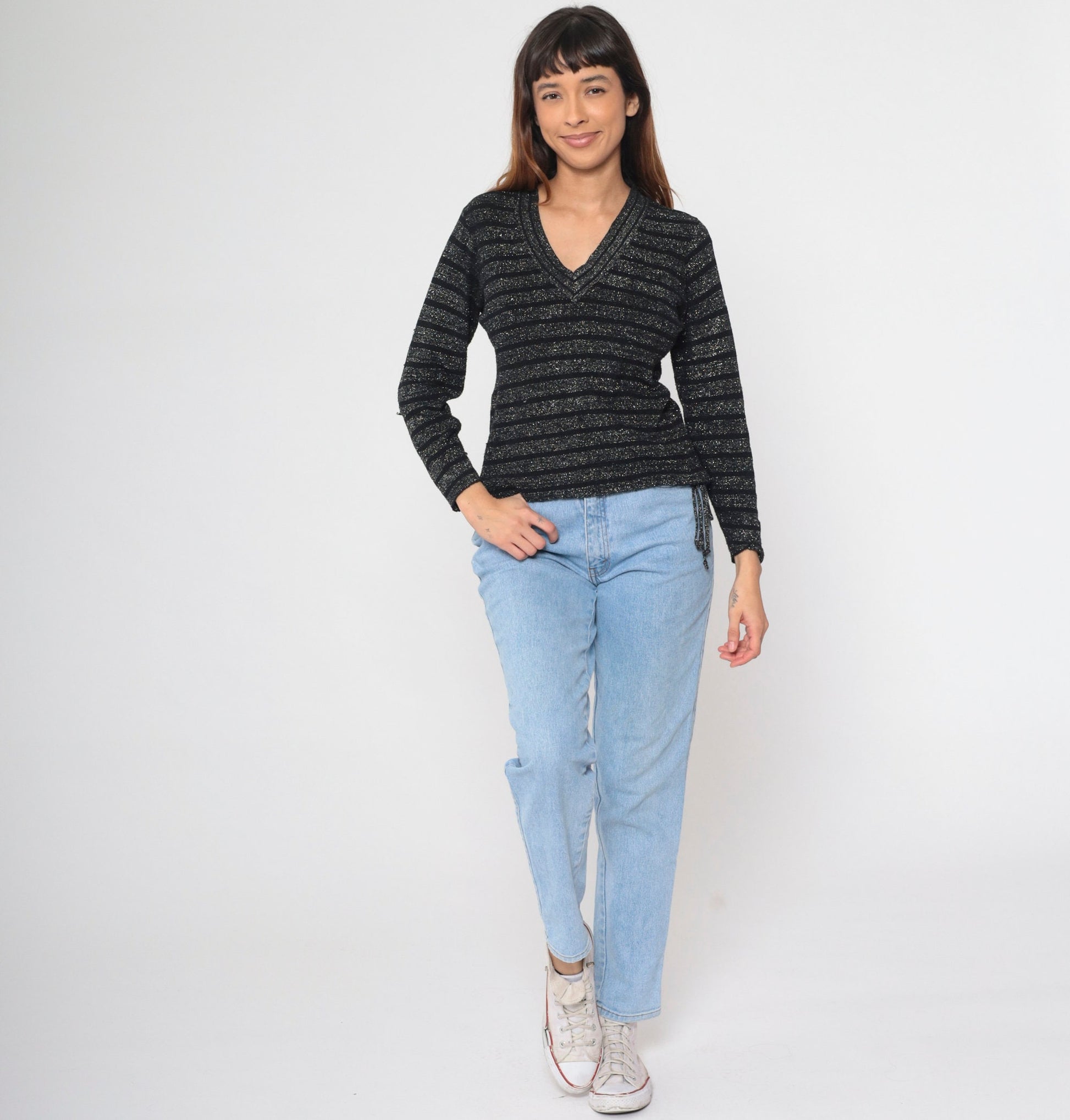 70s Metallic Striped Knit Sweater Silver Black V-Neck Pullover Small S
