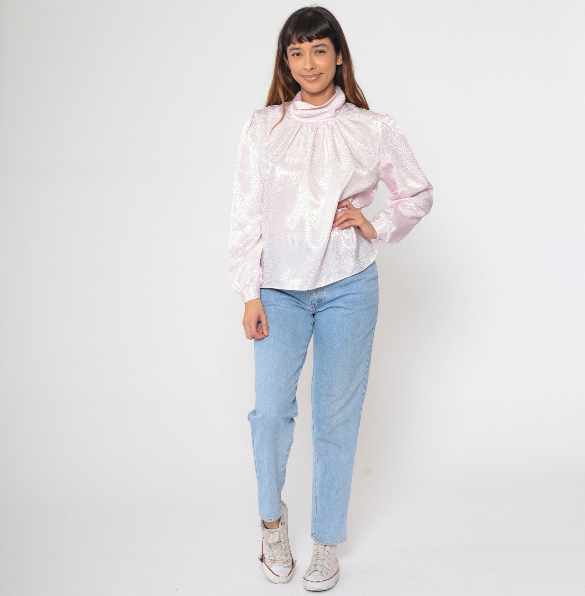 80s Grand Design Baby Pink Embossed Snakeskin Turtleneck Puff Sleeve Blouse Large