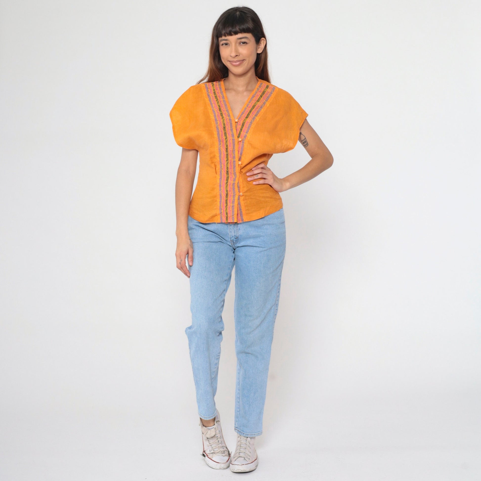 00s Orange Rococo Striped Button-Up Blouse Rhinestone Dolman Sleeve V-Neck Extra Small