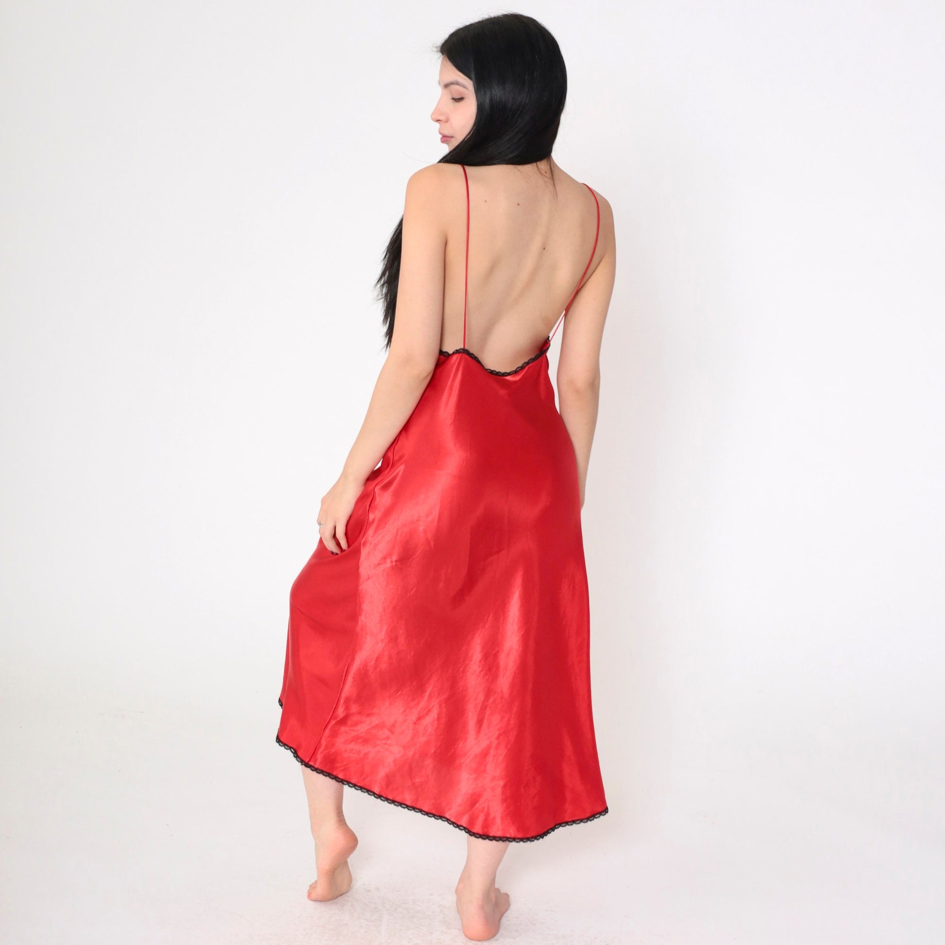 90s Val Mode Red Slip Dress Midi Black Lace Trim Open Back Medium