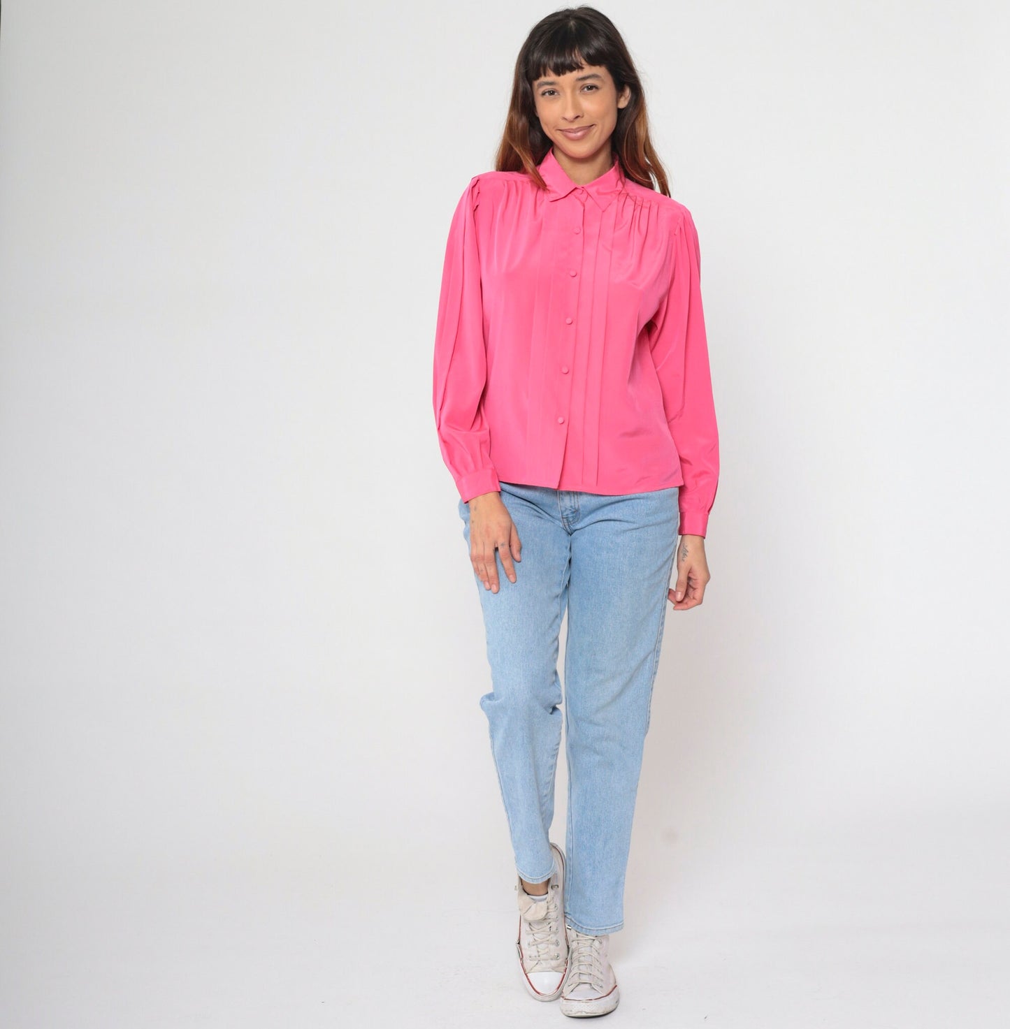 90s Hot Pink Puff Sleeve Blouse Pleated Button-Up Collared Shirt Medium Petite