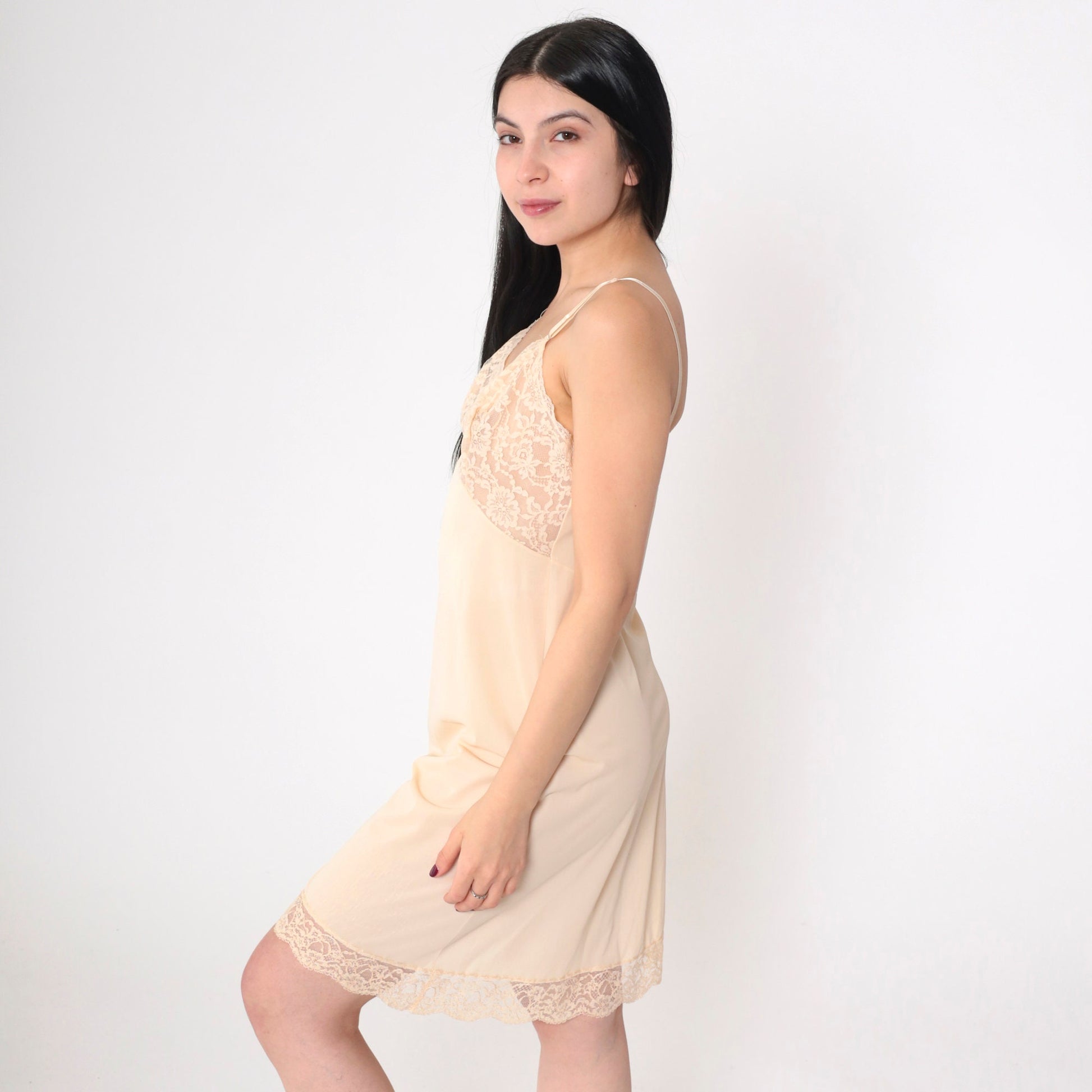 70s Vanity Fair Beige Lace Slip Dress Empire Waist Mini Small