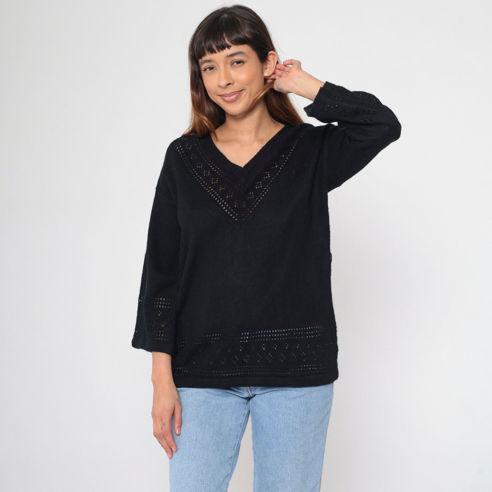 80s Black Cutwork Sweater Bell Sleeve V Neck Knit Pullover Large L