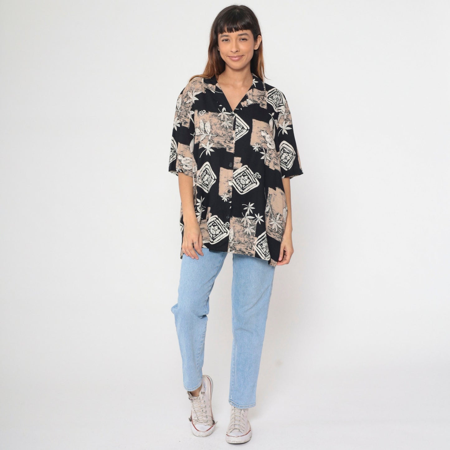 90s Alfred Dunner Button Up Blouse Leaf Floral Print Black Tan XXL