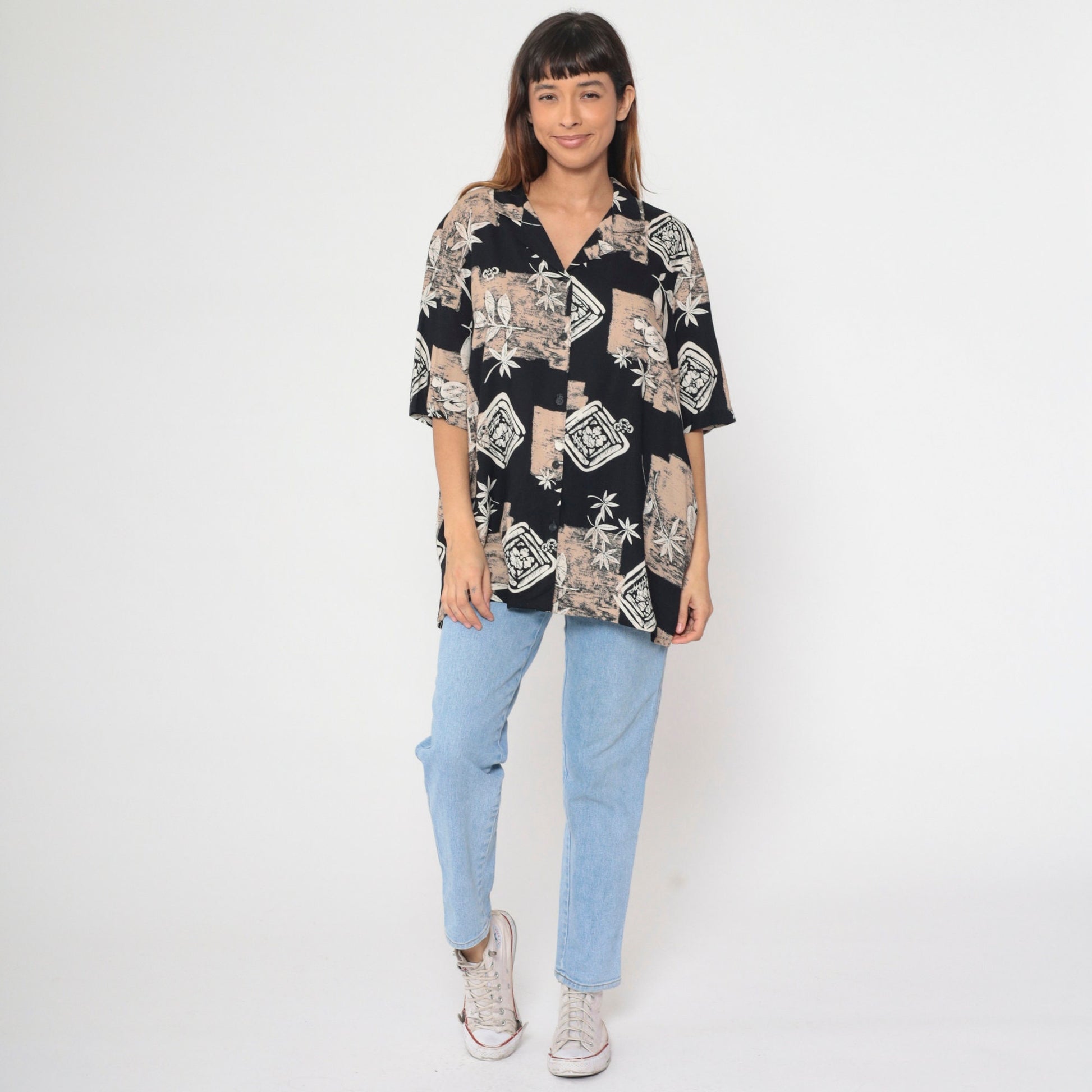 90s Alfred Dunner Button Up Blouse Leaf Floral Print Black Tan XXL