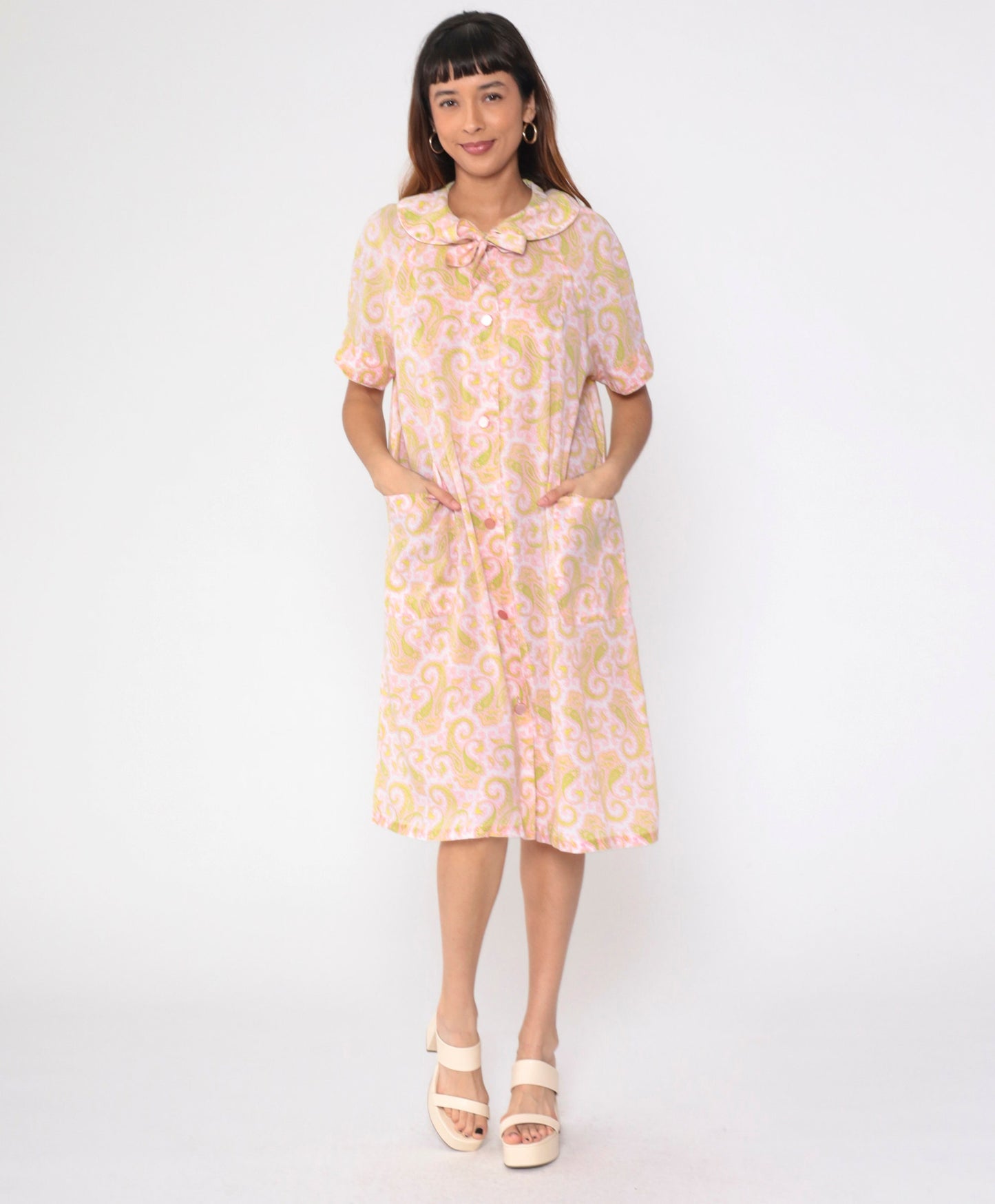 60s Paisley Nightgown Peter Pan Collar Button-Up Midi Shift Dress Pink Green Large L