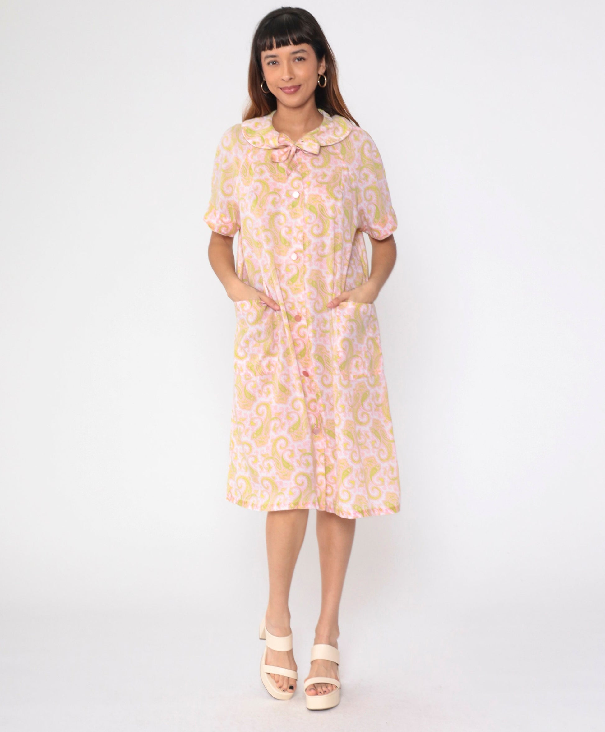 60s Paisley Nightgown Peter Pan Collar Button-Up Midi Shift Dress Pink Green Large L