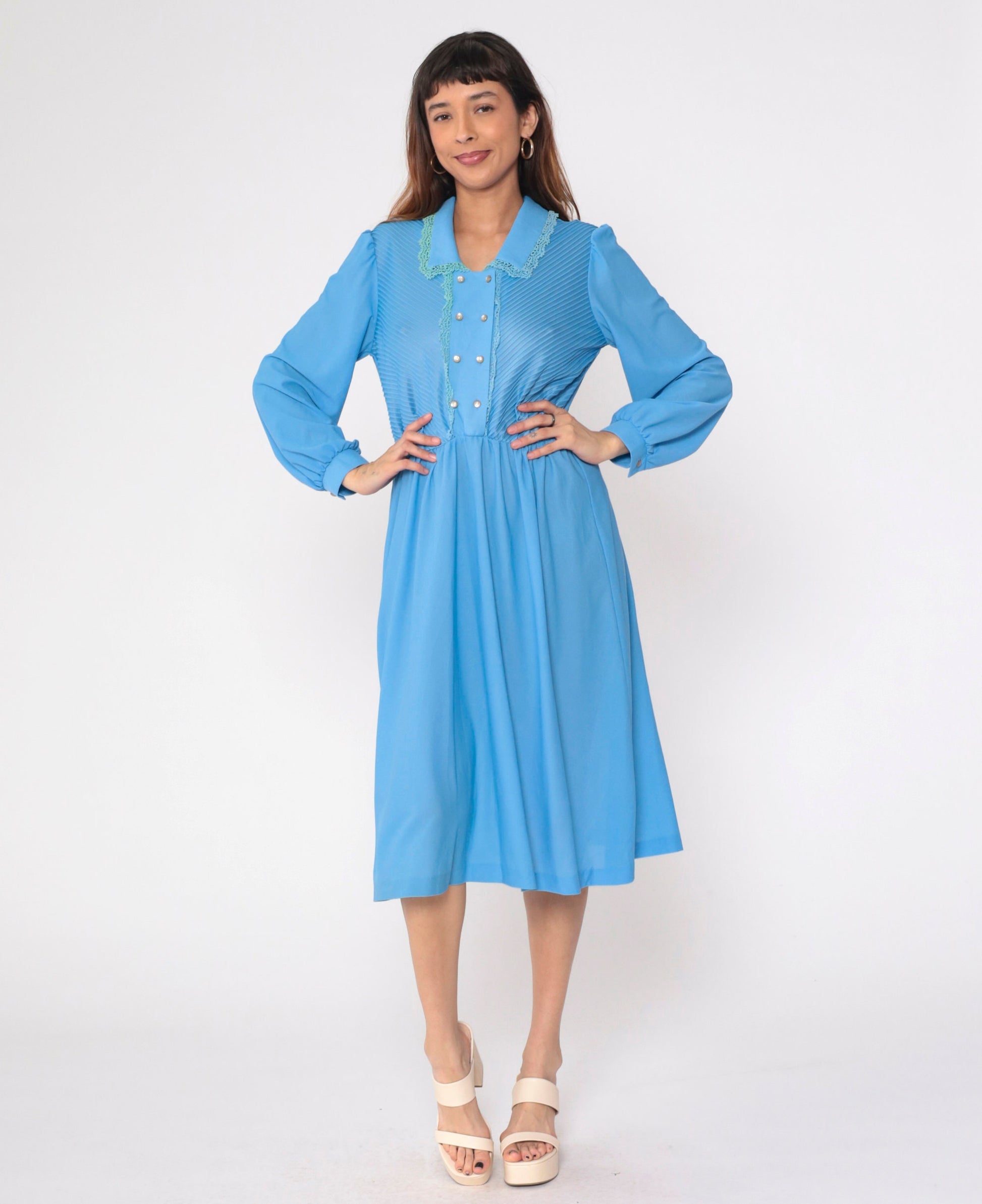70s Blue Midi Shirtdress Pintuck Lace Trim Puff Sleeve High Waist Medium