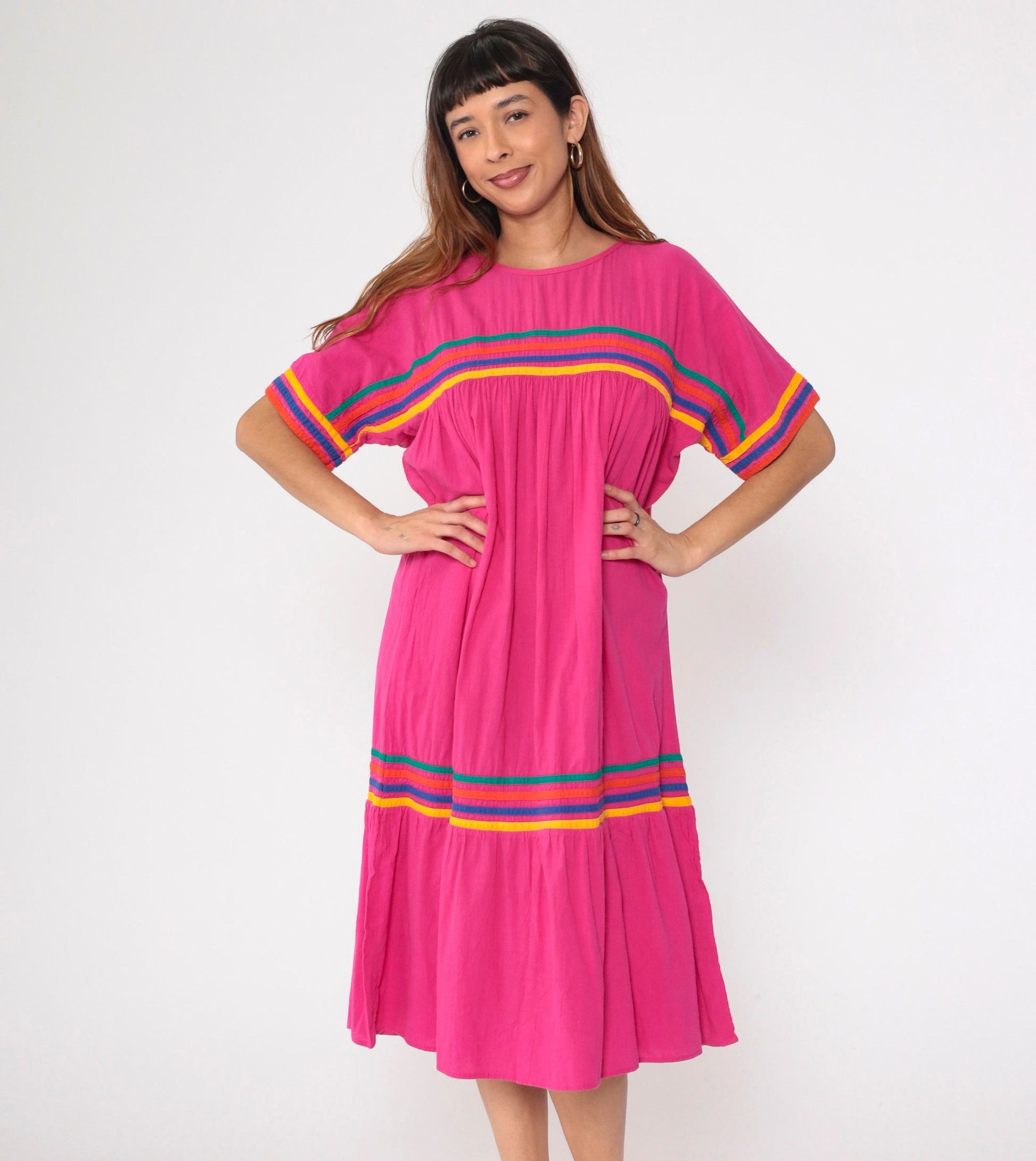 90s Hot Pink Rainbow Striped Cotton Tent Dress Dolman Sleeve Midi Medium