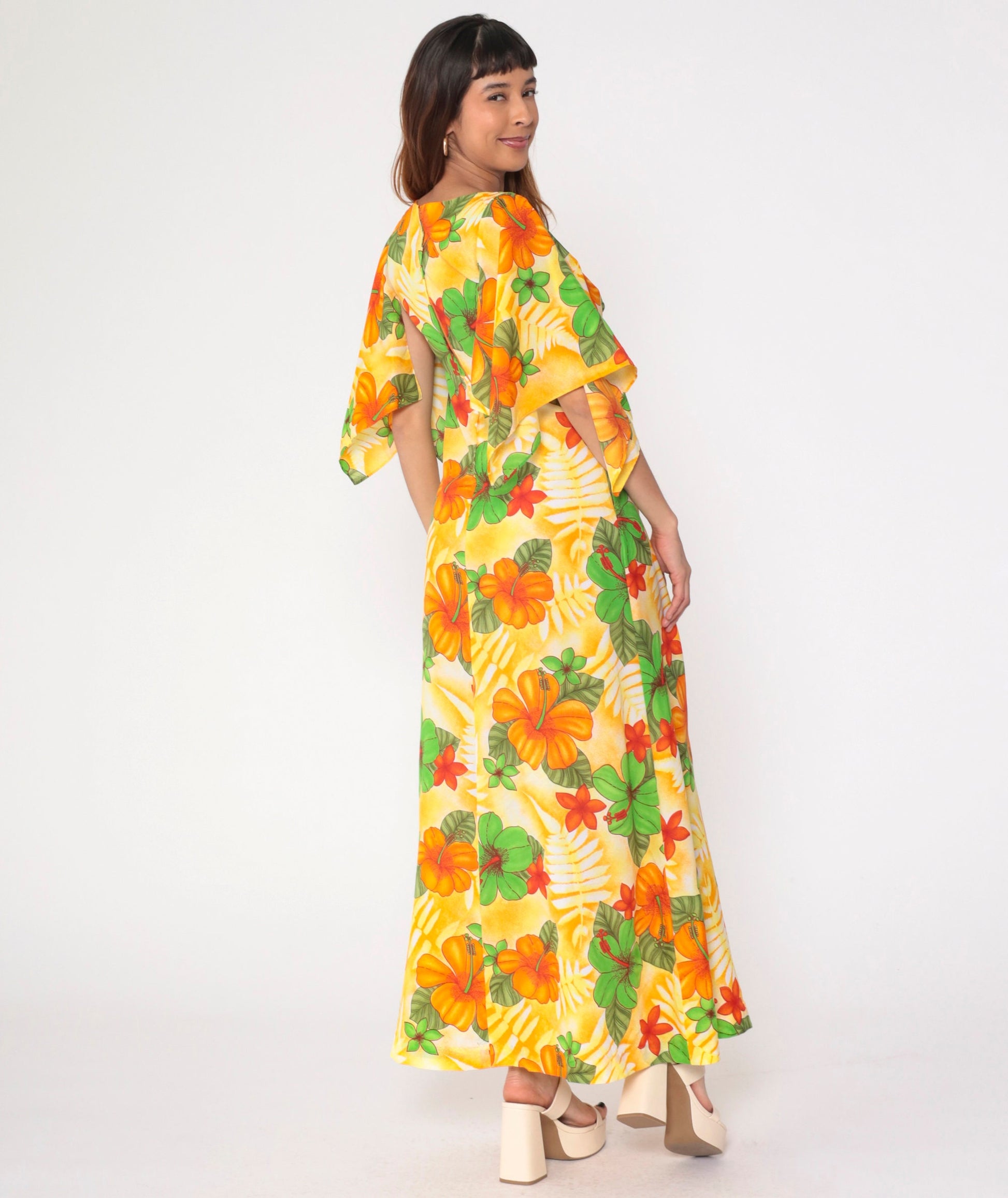 70s Pomare Hawaiian Floral Maxi Dress Angel Sleeve Empire Waist Small