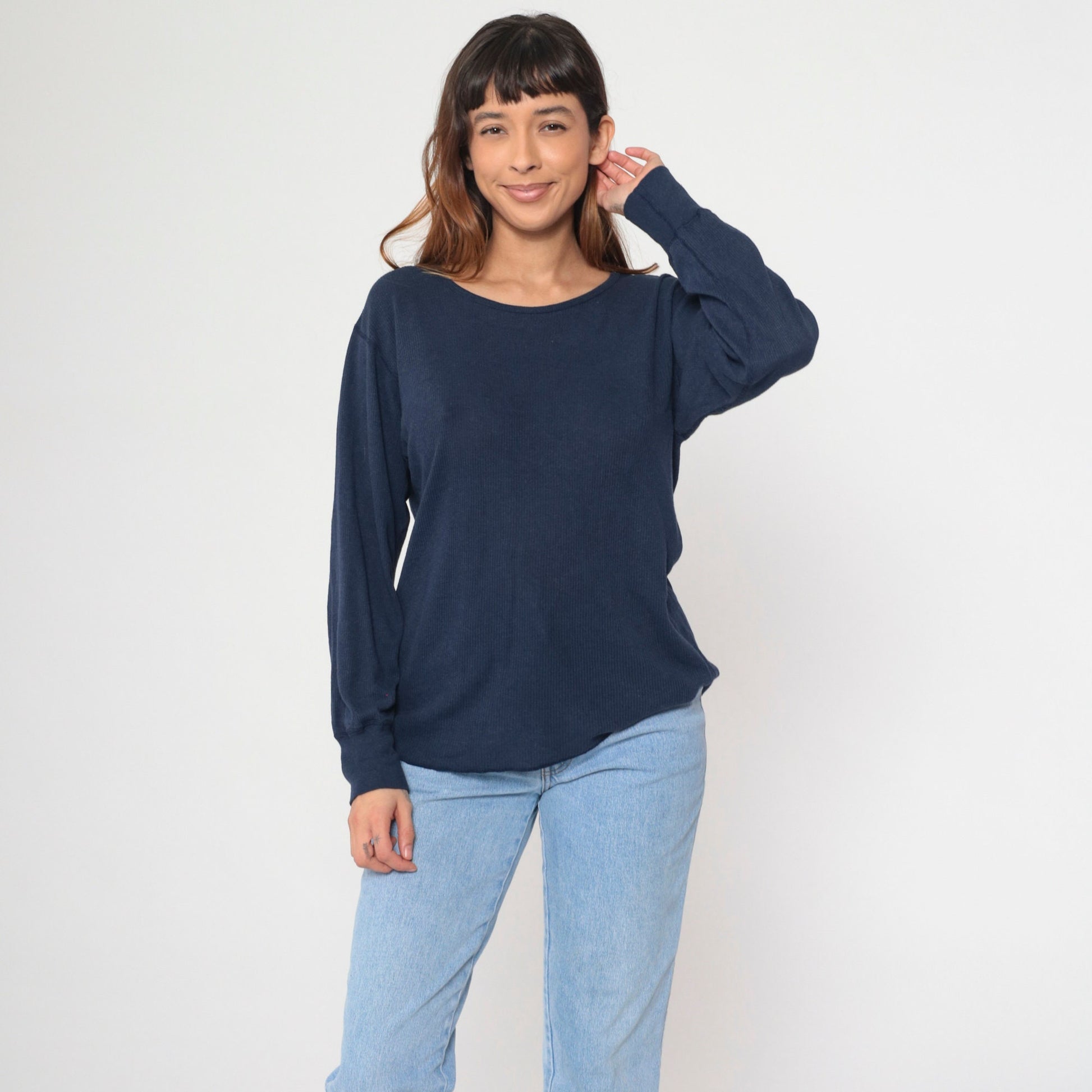 80s Navy Thermal Crewneck Long Sleeve Shirt Large