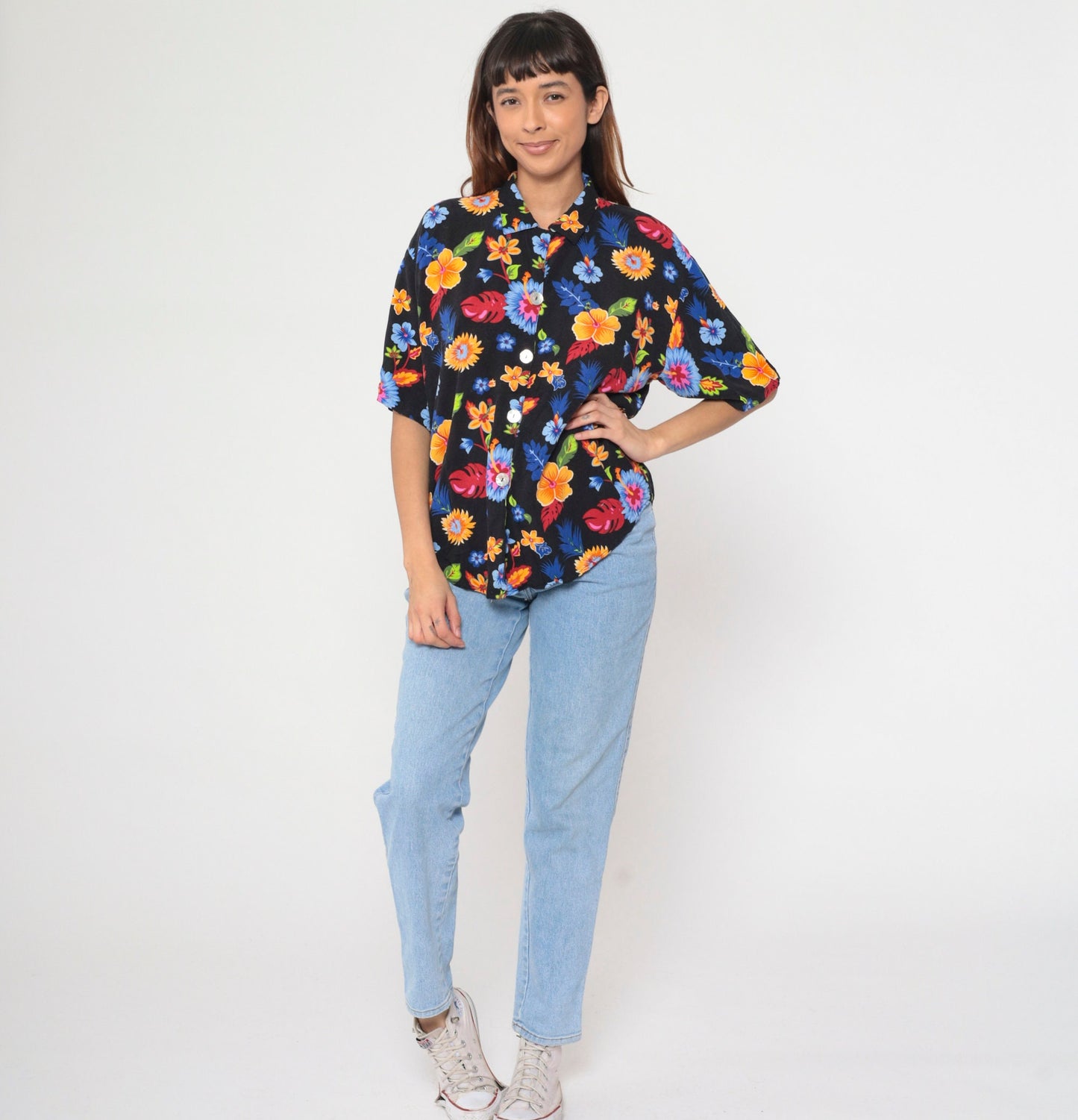 90s Tropical Floral Black Button Up Blouse Short Sleeve Extra Large XXL