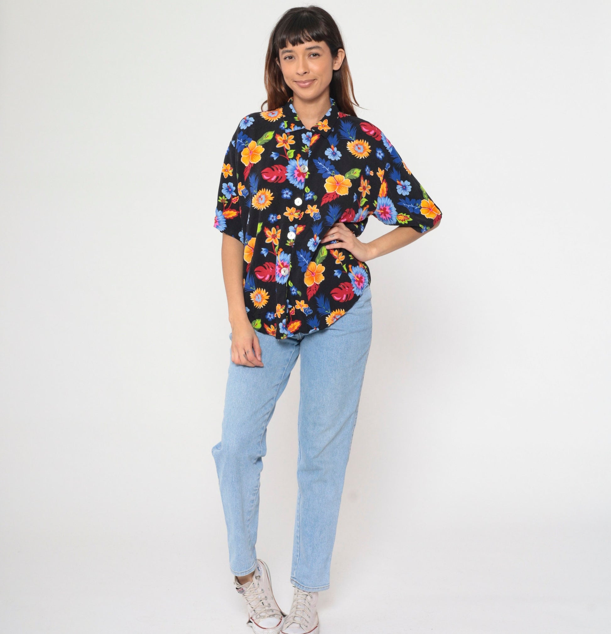 90s Tropical Floral Black Button Up Blouse Short Sleeve Extra Large XXL