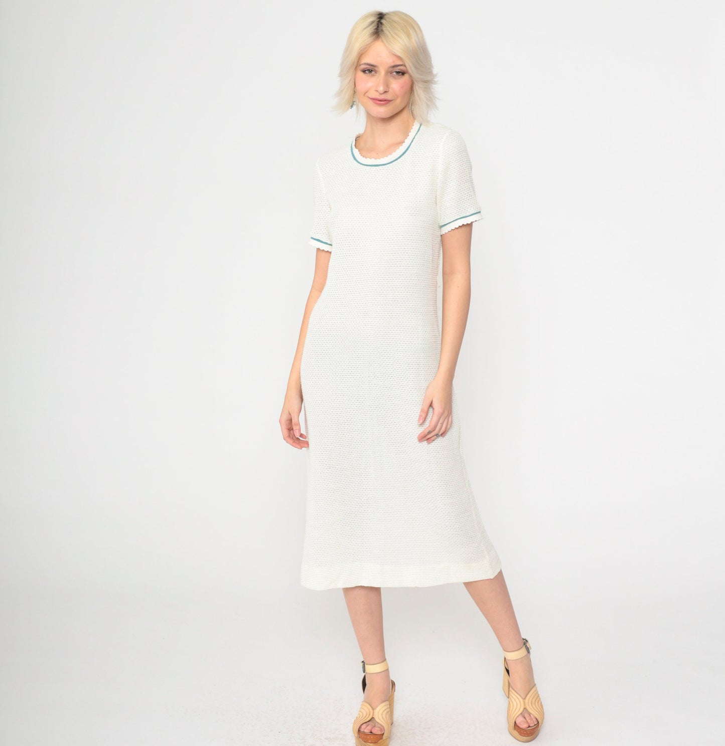 70s White Openwork Knit Midi Dress & Cardigan Set Teal Trim Small