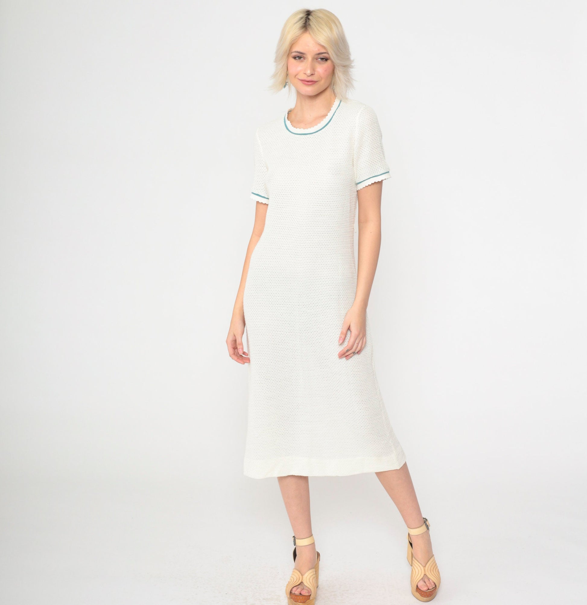70s White Openwork Knit Midi Dress & Cardigan Set Teal Trim Small