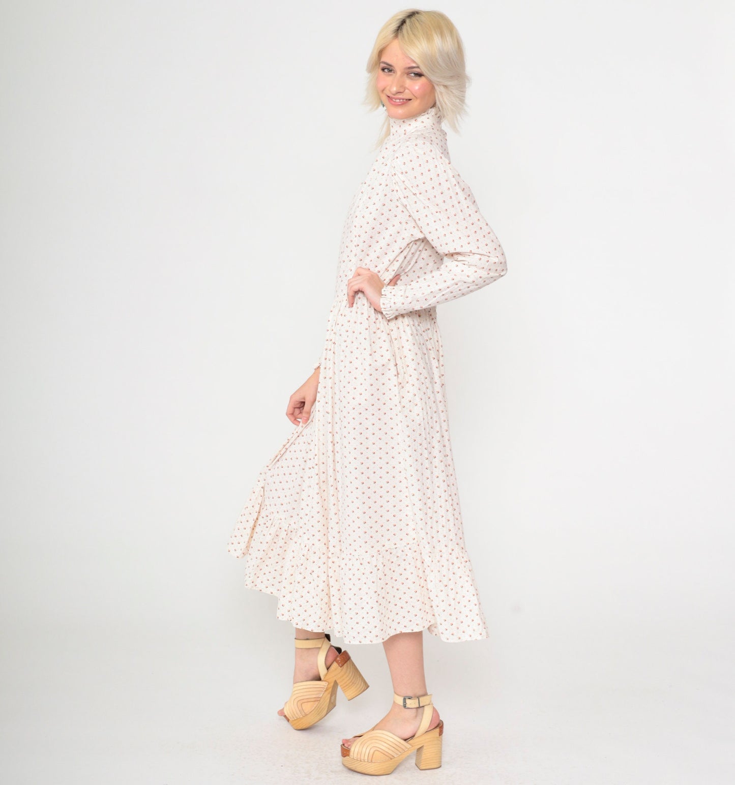 70s White Calico Floral Midi Dress Puff Sleeve High Neck Ruffled Small