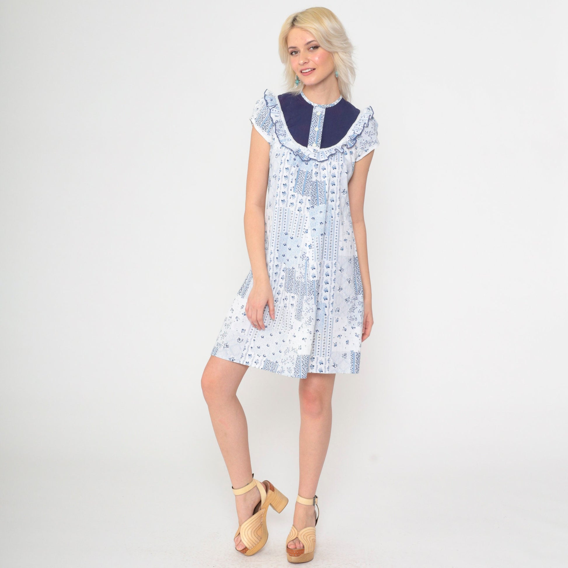 70s Liberty House Floral Patchwork Mini Dress Blue White Puff Sleeve 2XS
