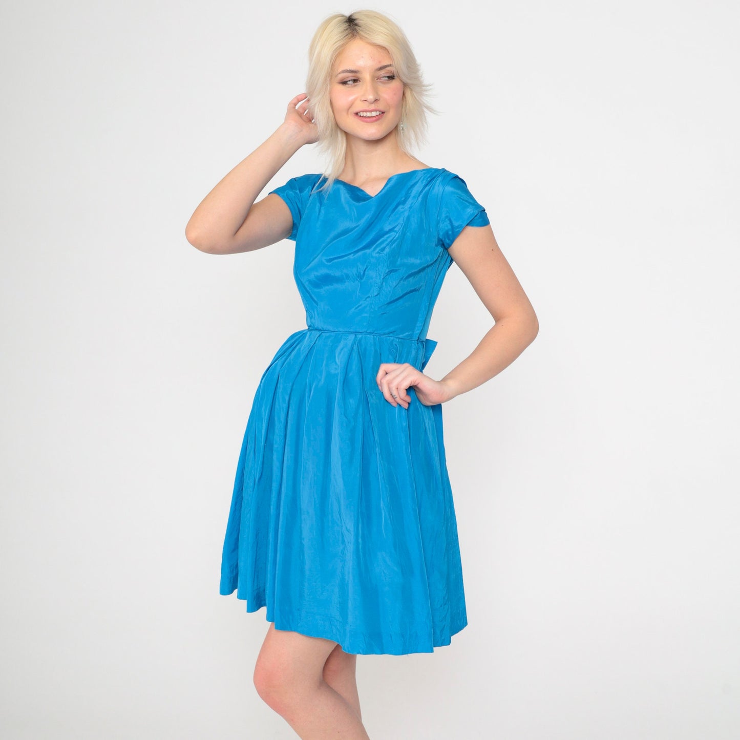 1950s Lorrie Deb San Francisco Blue Bow Cocktail Dress Cap Sleeve Extra Small