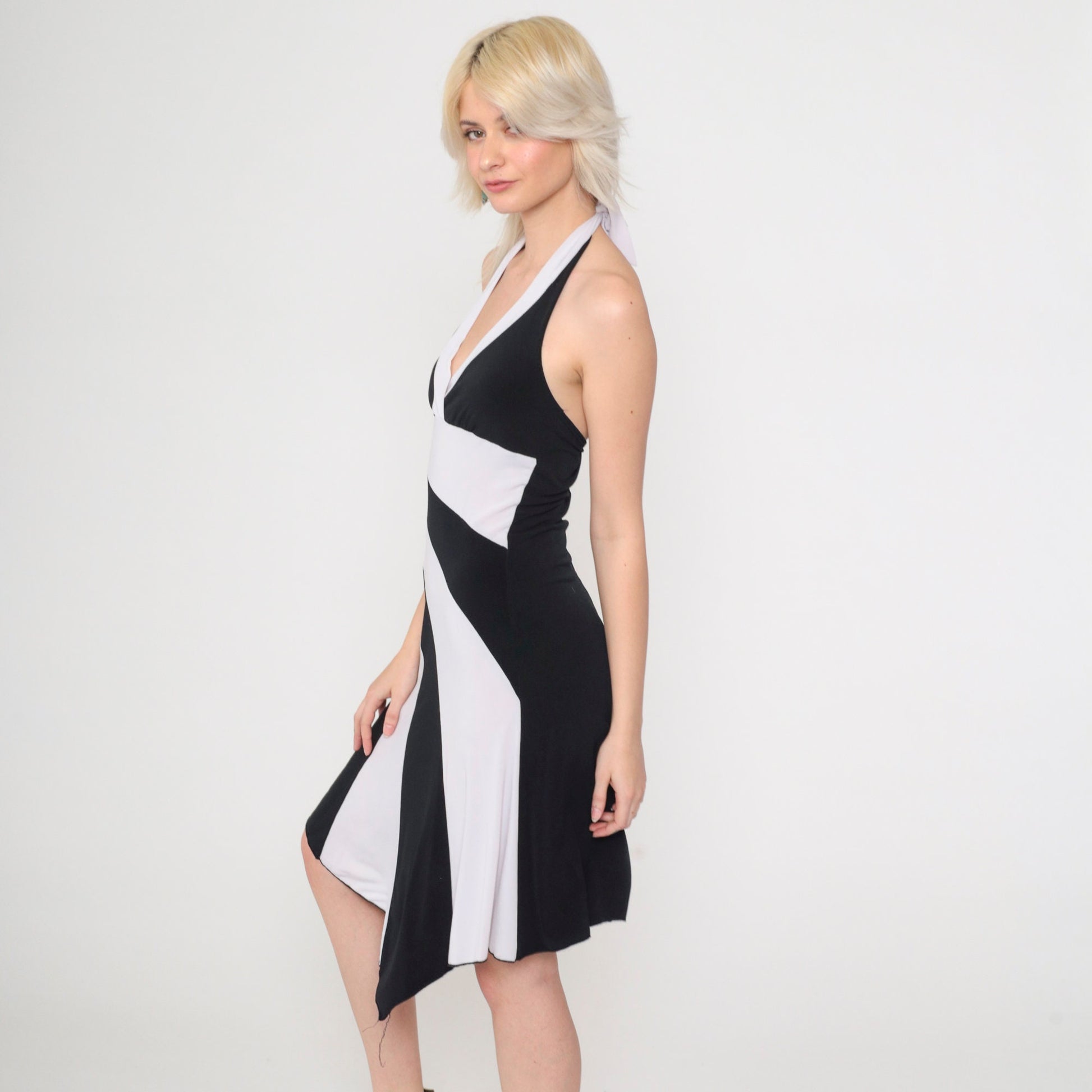 00s Black White Striped Halter Midi Dress Hanky Hem Sleeveless Small