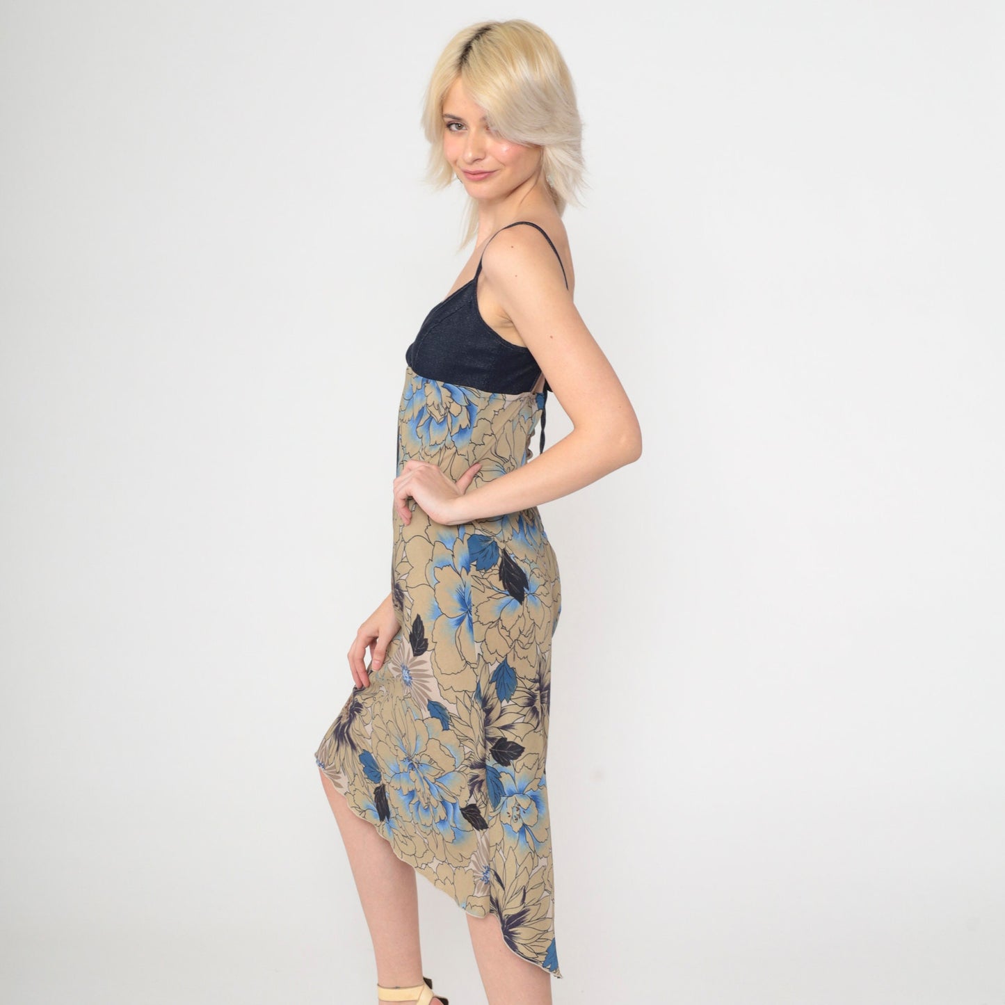 Y2K Dark Blue Denim Floral High-Low Midi Sundress Empire Waist Extra Small