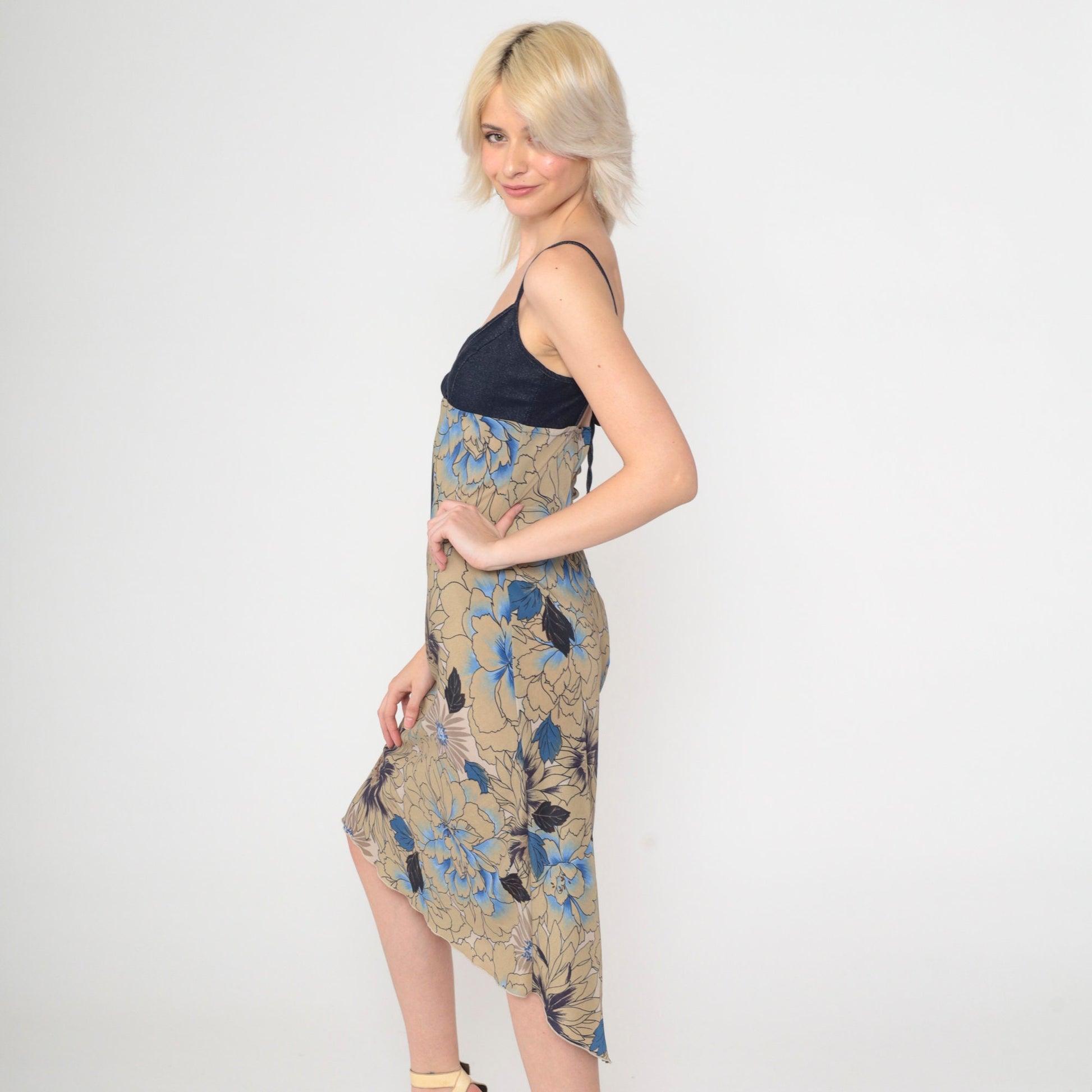 Y2K Dark Blue Denim Floral High-Low Midi Sundress Empire Waist Extra Small