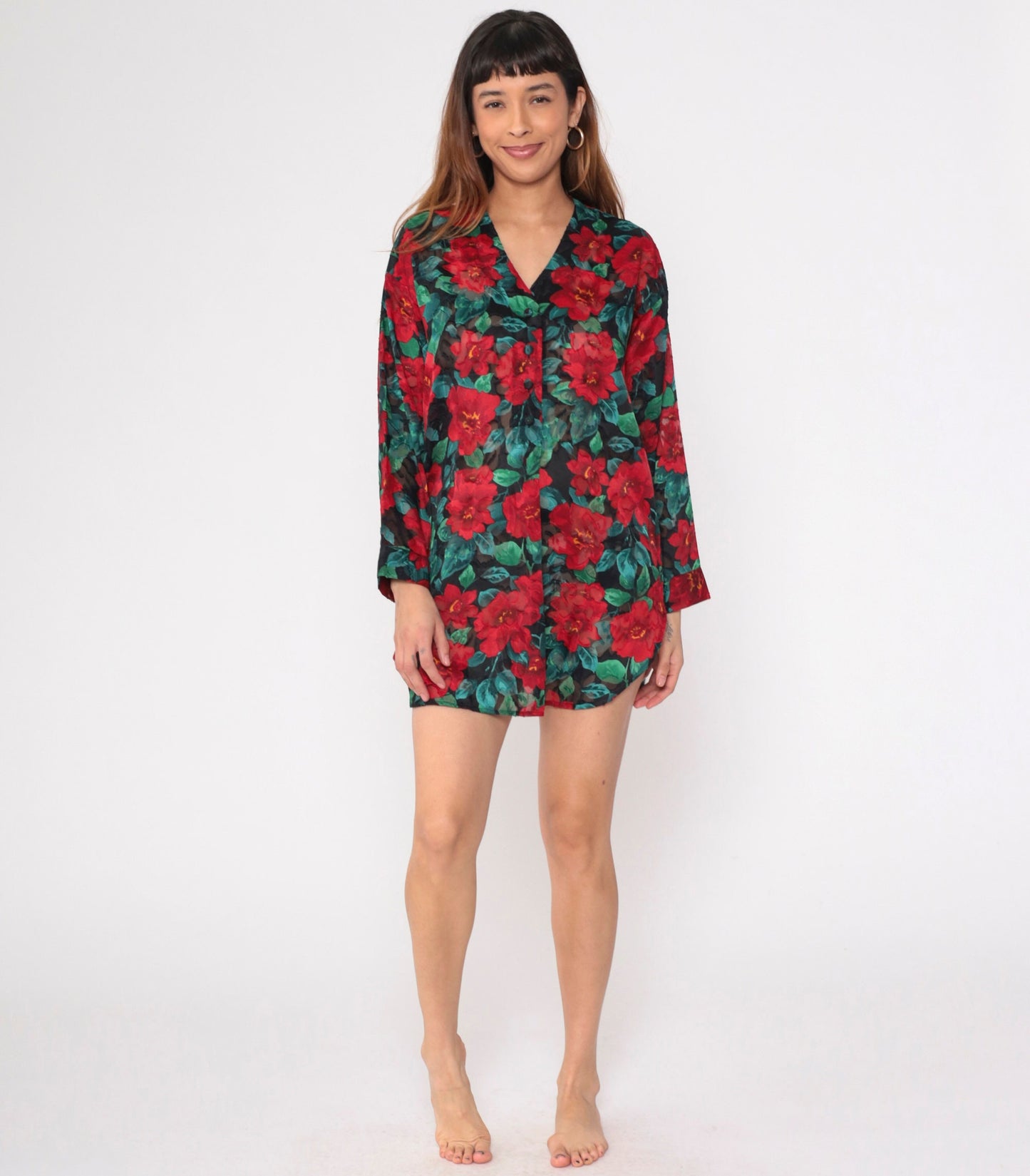 90s Victoria's Secret Floral Burnout Nightgown Long Sleeve Button Up Mini Red Small