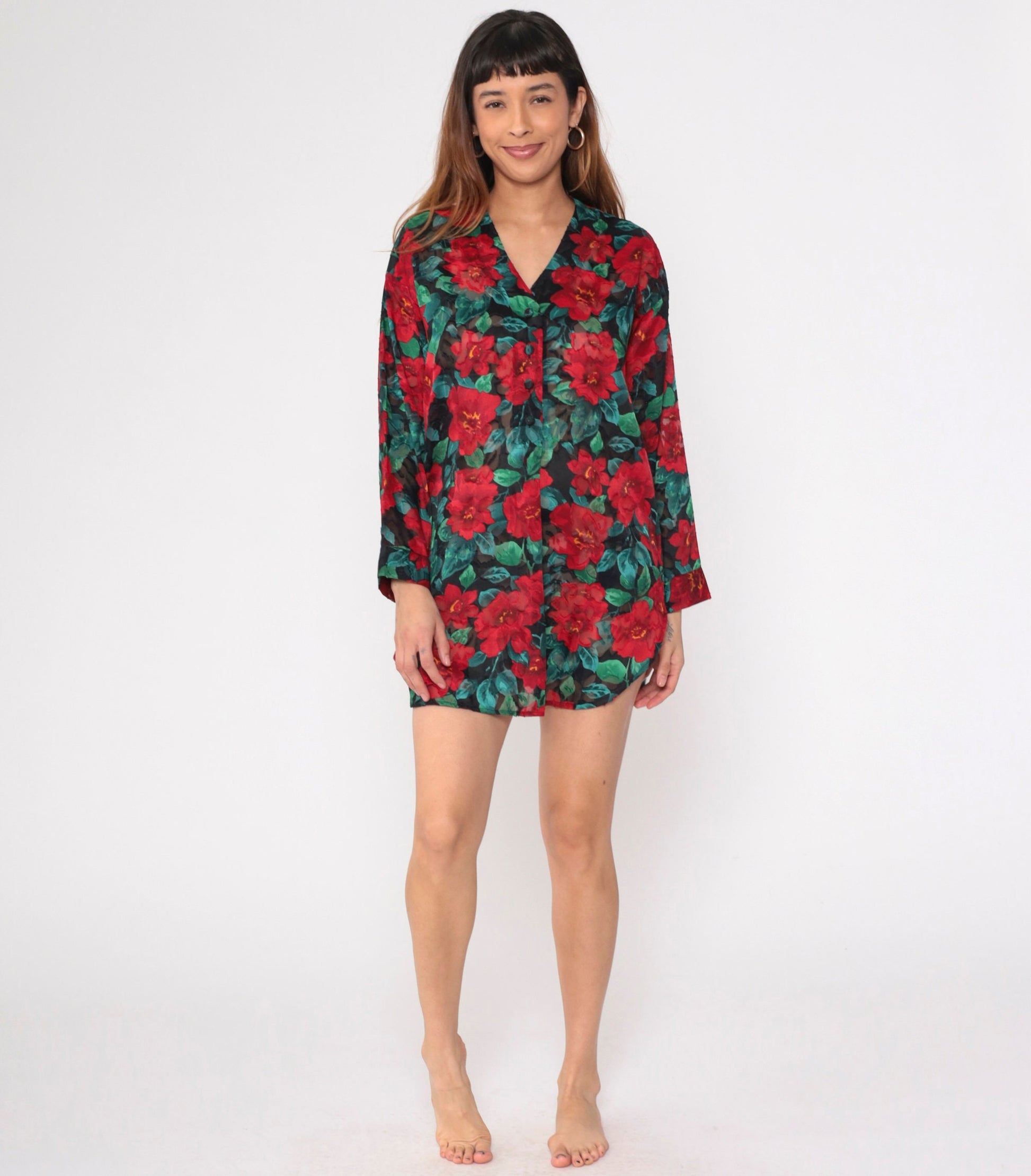 90s Victoria's Secret Floral Burnout Nightgown Long Sleeve Button Up Mini Red Small